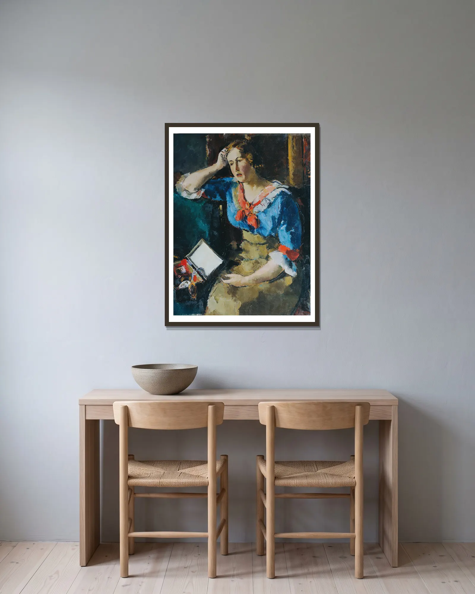 Sitzende Dame In Blauer Bluse av Anton Faistauer inramad på en vägg