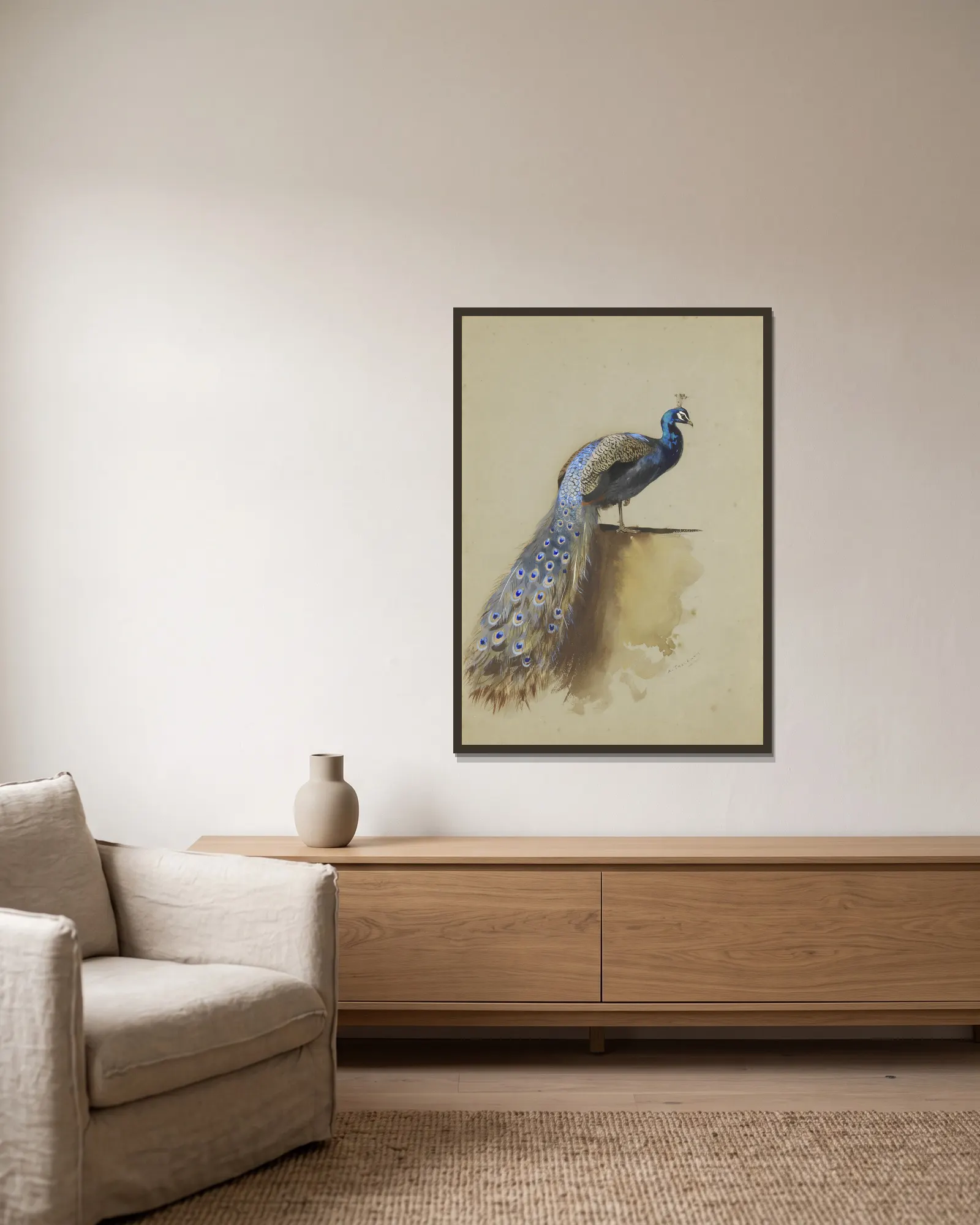 Peacock av Archibald Thorburn inramad på en vägg