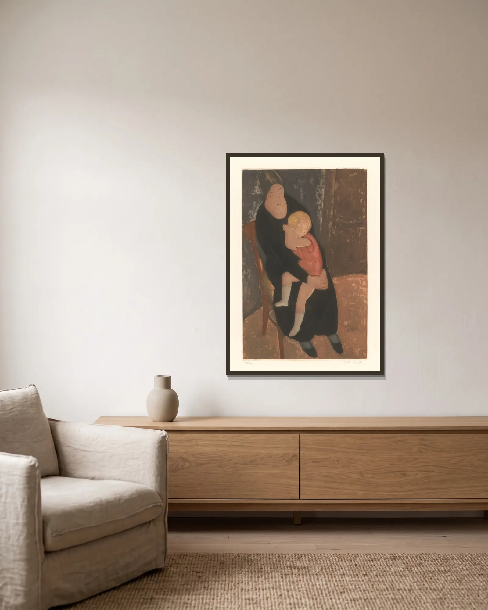 Mère et enfant av Armand Apol inramad på en vägg