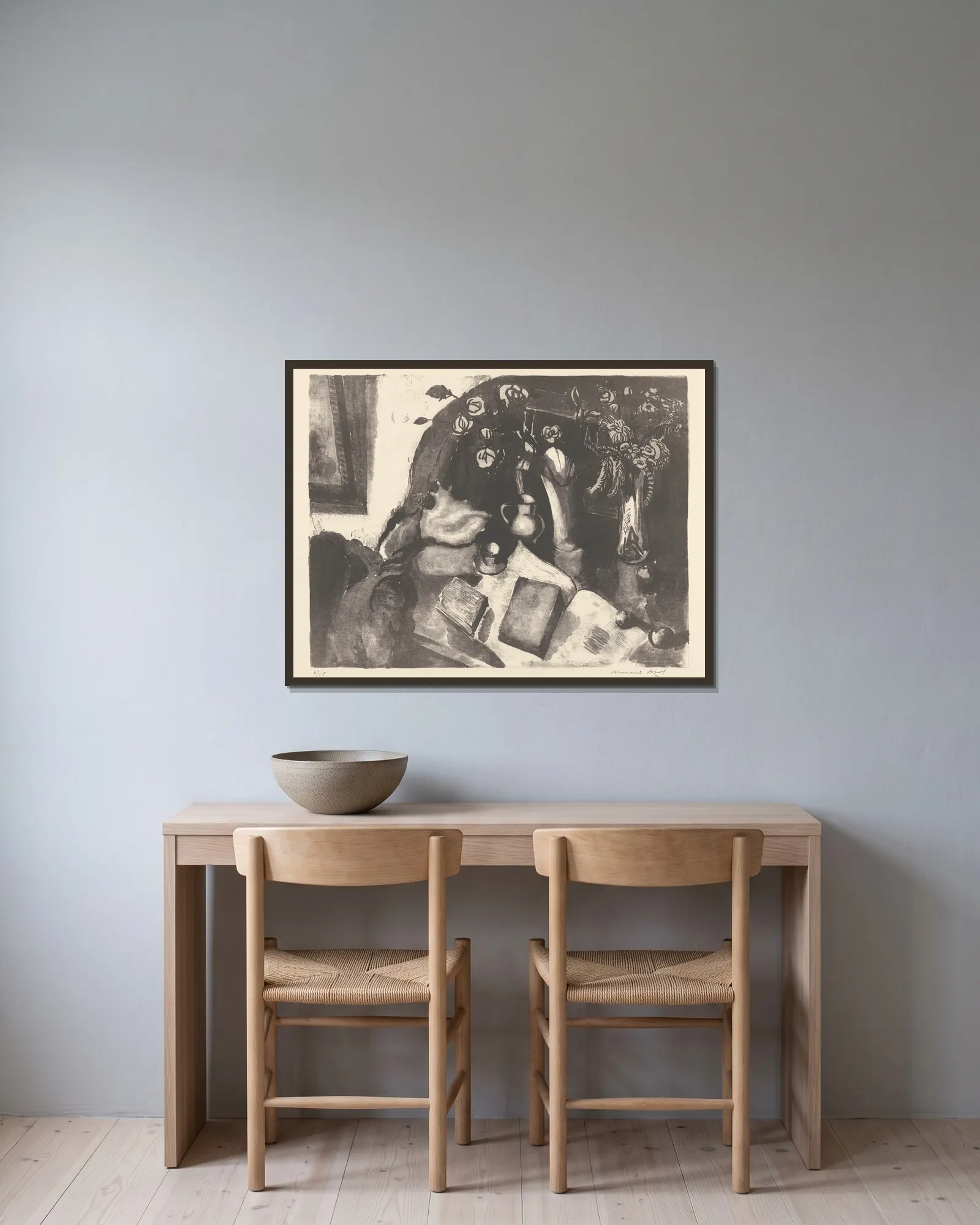 Nature morte (20th Century) av Armand Apol inramad på en vägg