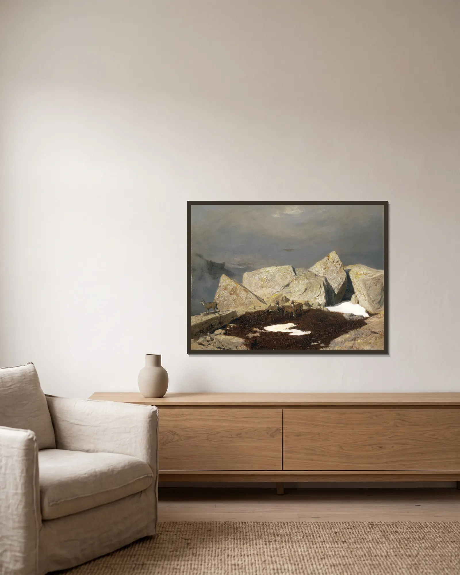 High Mountain Landscape With Chamois av Arnold Böcklin inramad på en vägg