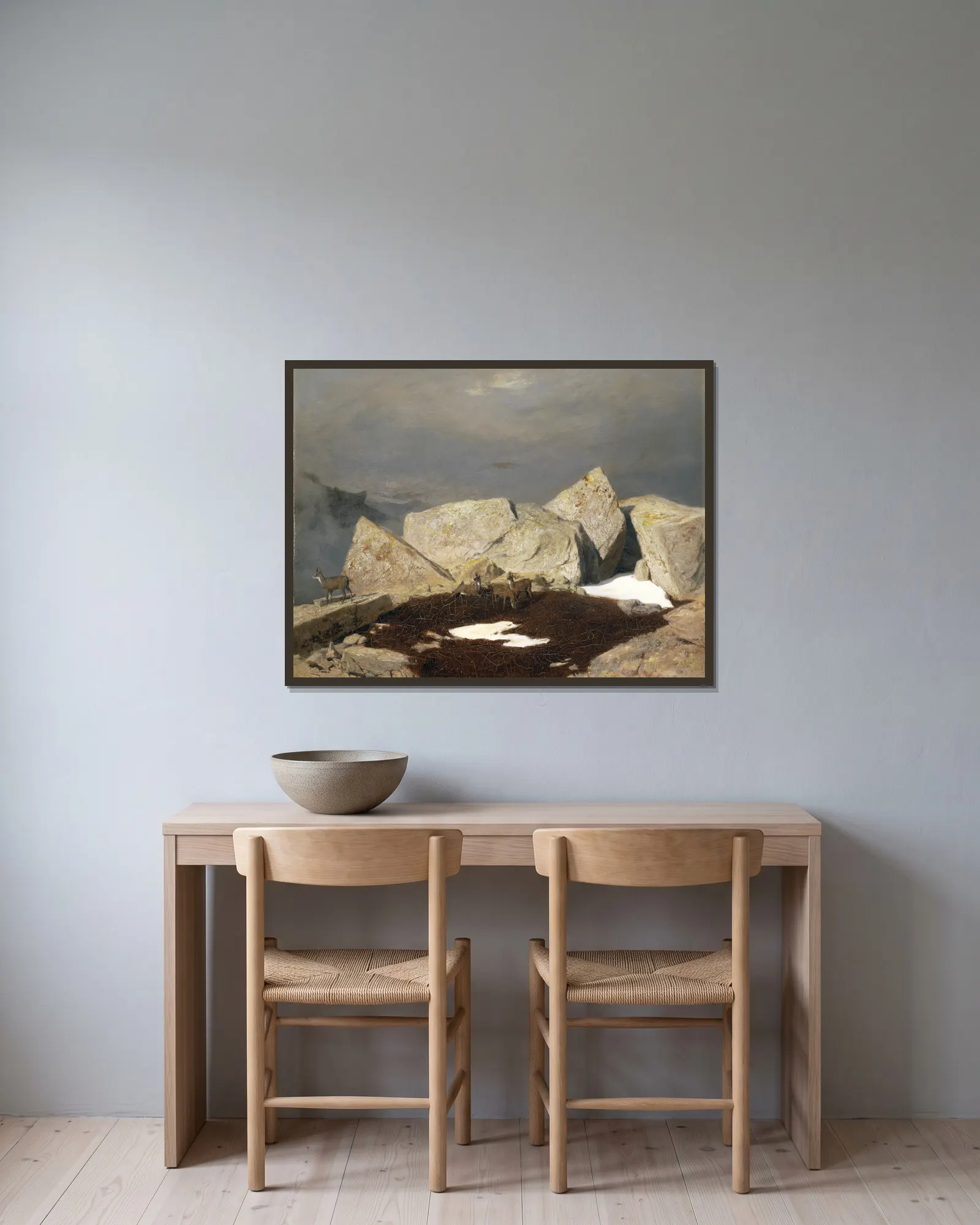 High Mountain Landscape With Chamois av Arnold Böcklin inramad på en vägg