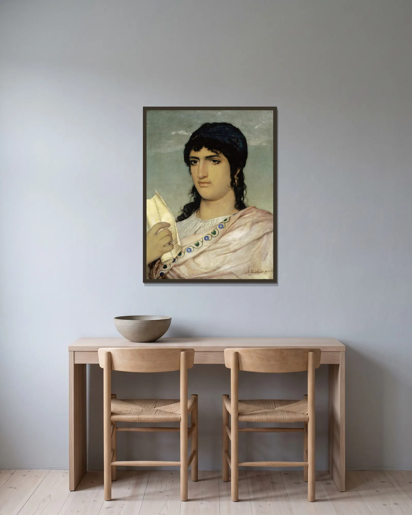 Sappho av Arnold Böcklin inramad på en vägg
