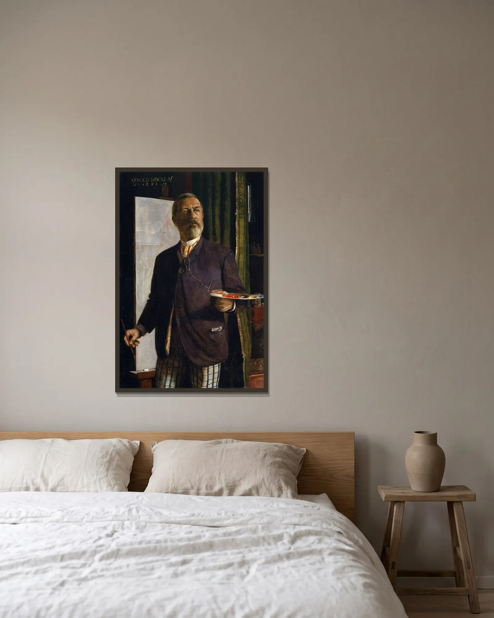 Self-Portrait in the Studio av Arnold Böcklin inramad på en vägg