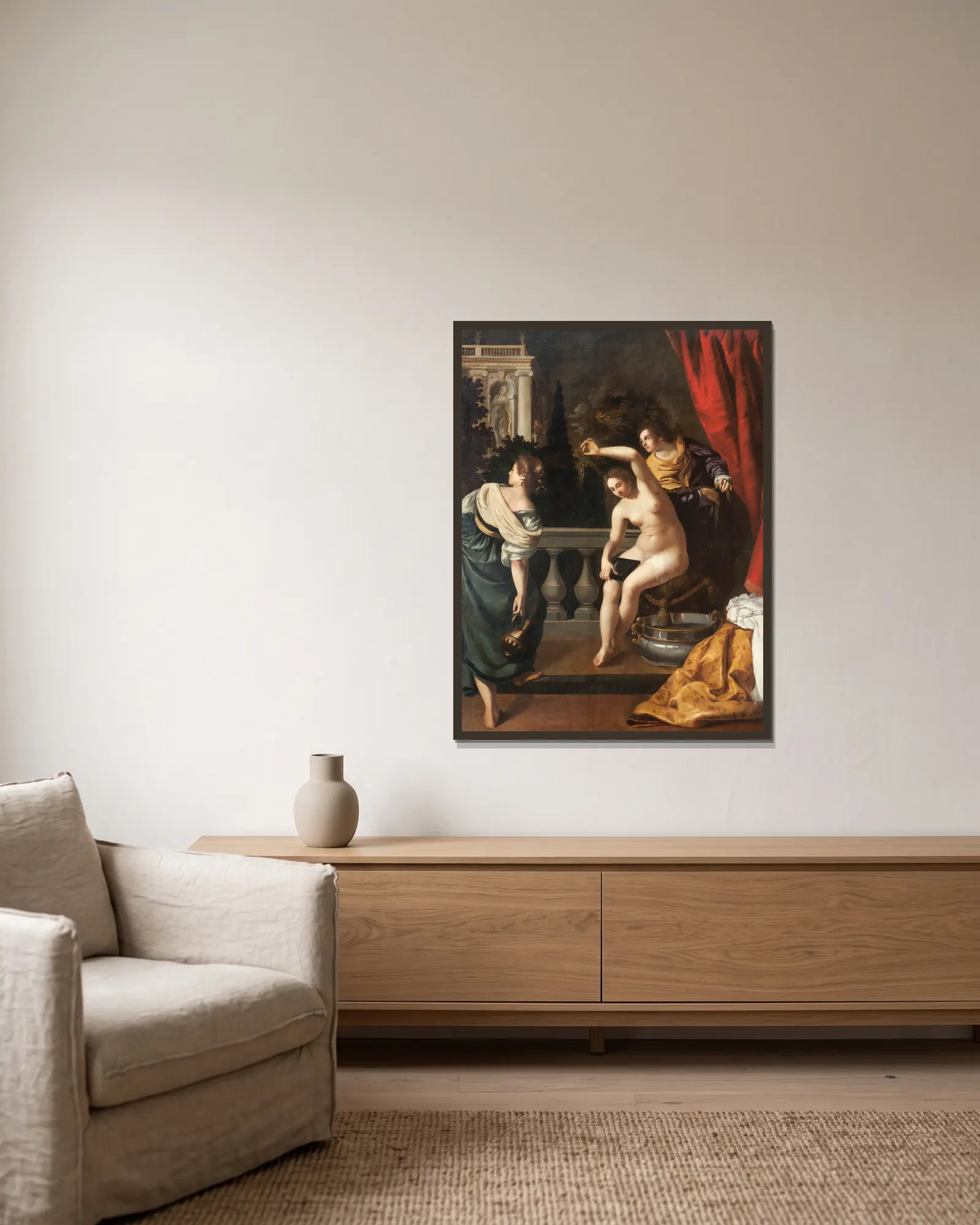 Betsabea Al Bagno av Artemisia Gentileschi inramad på en vägg