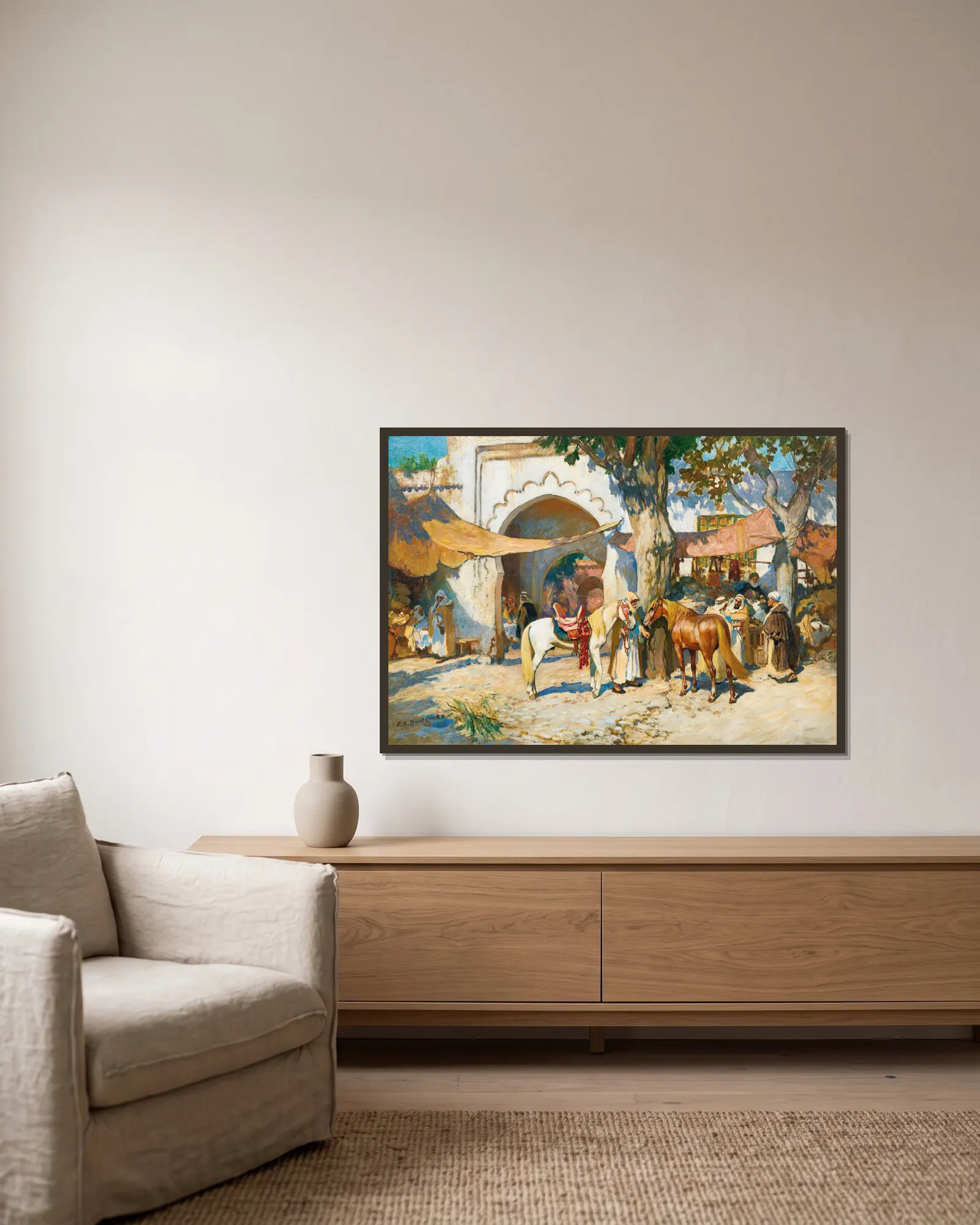 Dans le souk. Alger av Frederick Arthur Bridgman inramad på en vägg