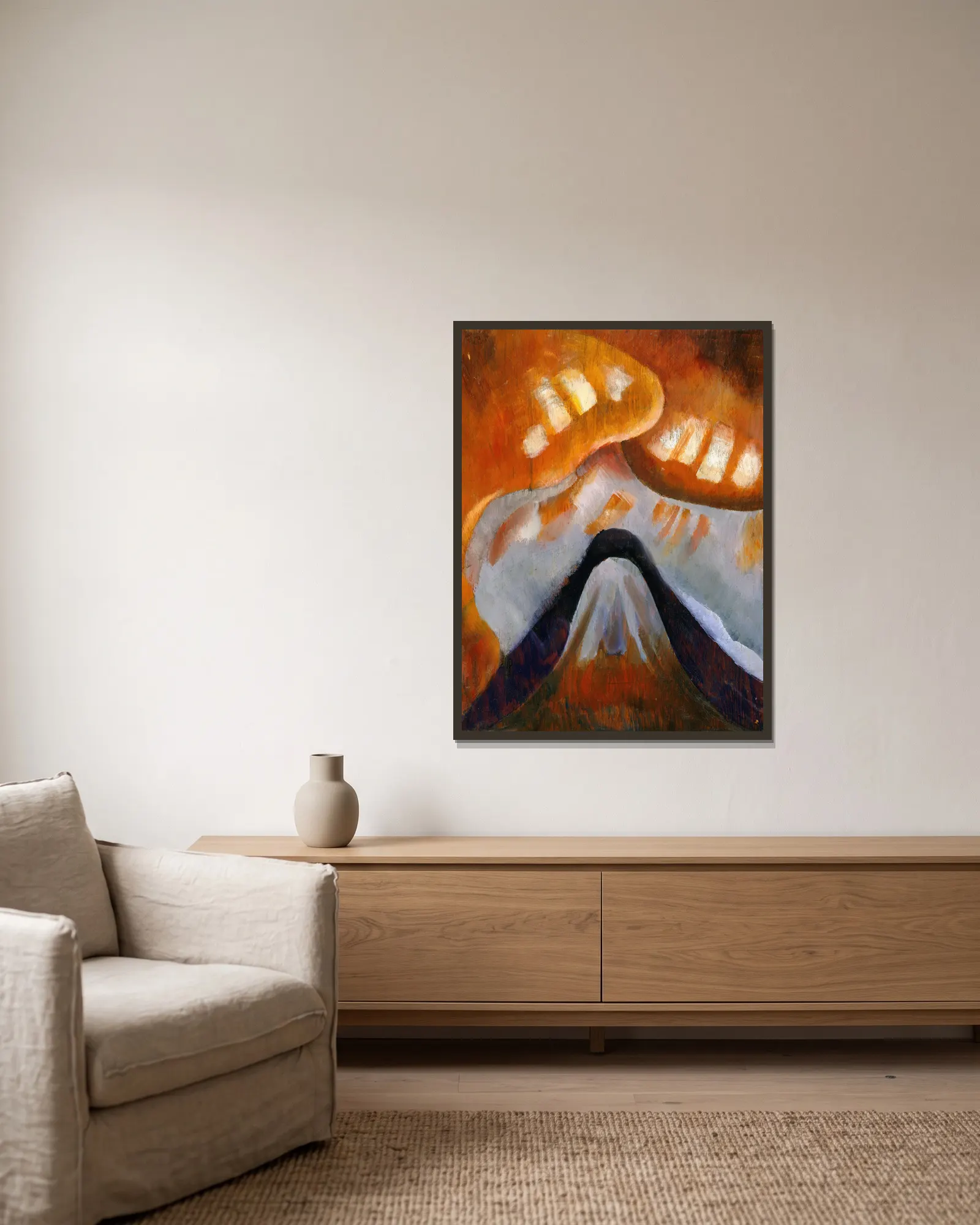 Mountain and Sky av Arthur Dove inramad på en vägg