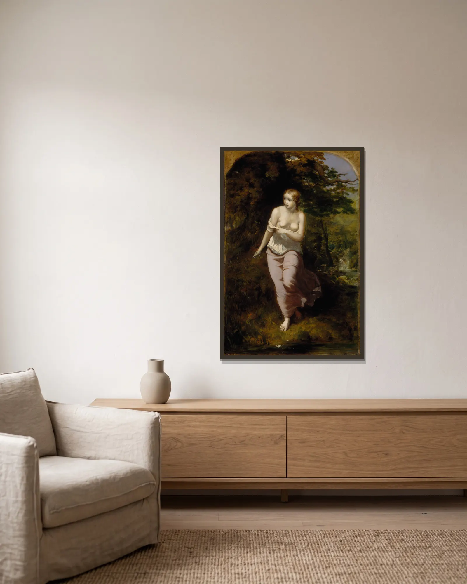 Musidora Bathing av Arthur Hughes inramad på en vägg