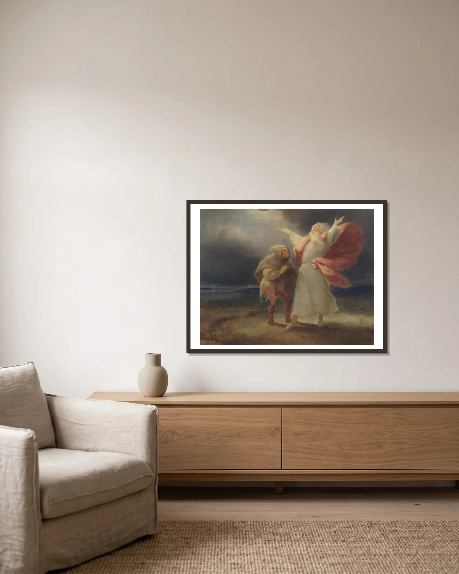 King Lear, III, 2, Lear and the Fool av Ary Scheffer inramad på en vägg