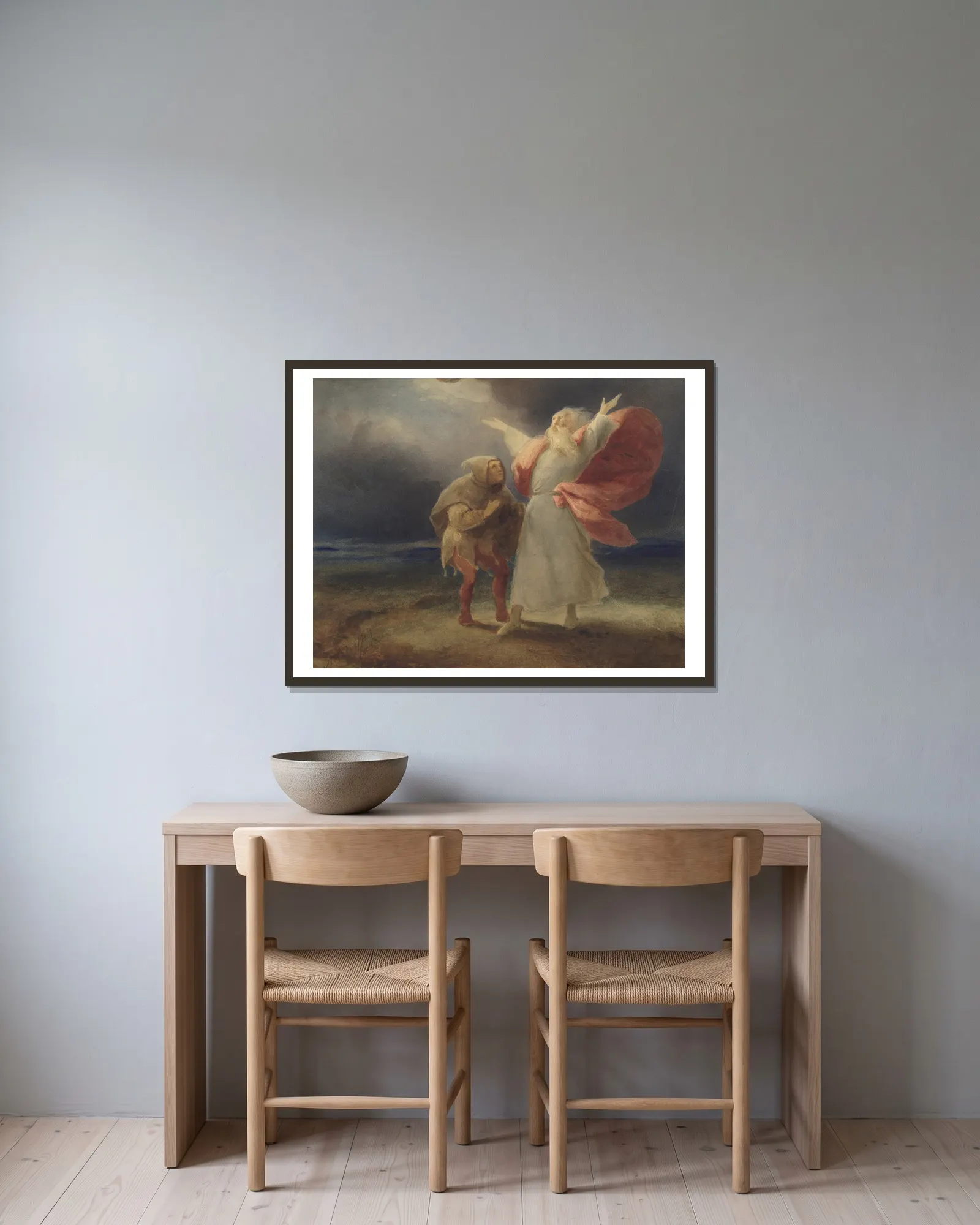 King Lear, III, 2, Lear and the Fool av Ary Scheffer inramad på en vägg