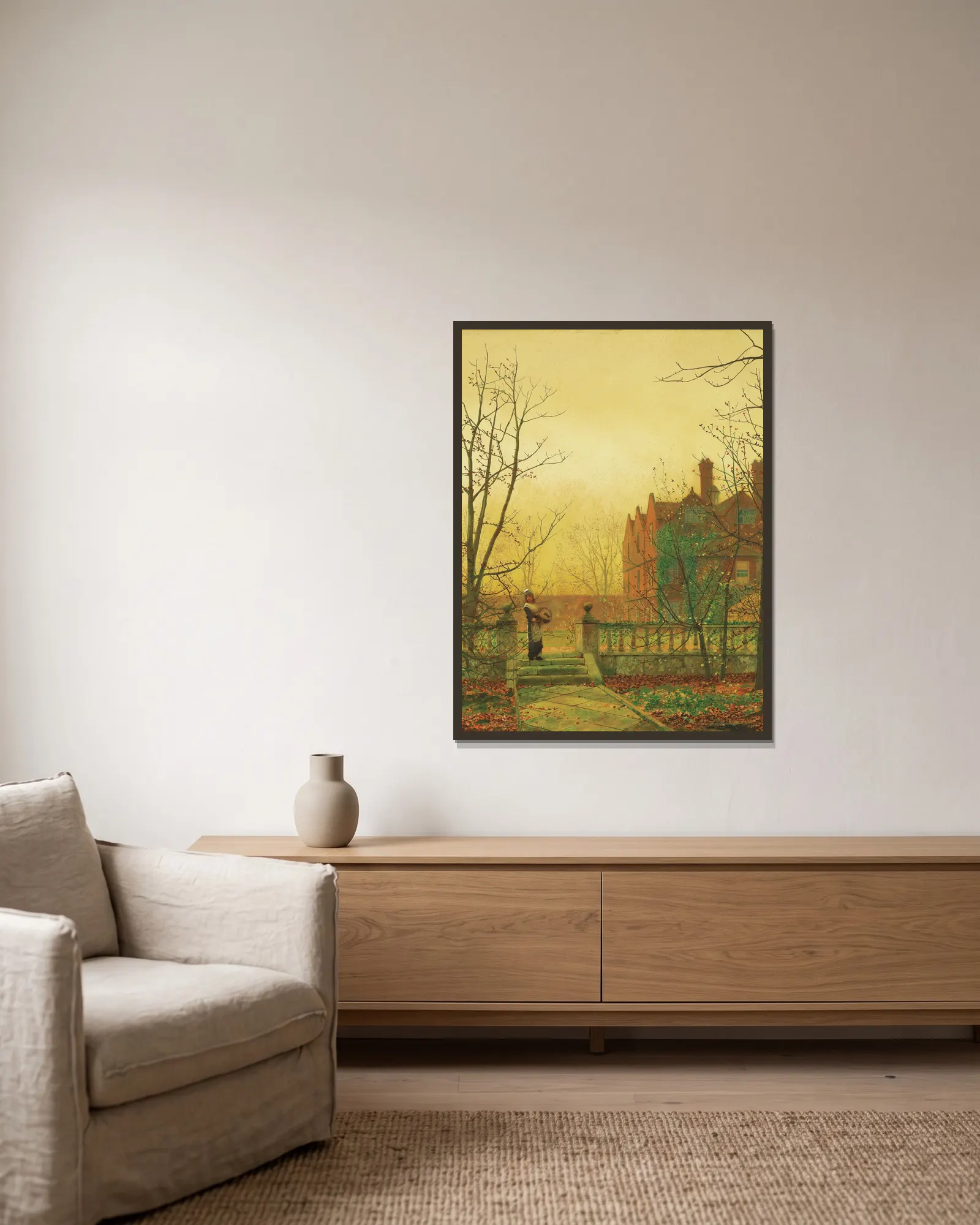 Autumn Gold av John Atkinson Grimshaw inramad på en vägg