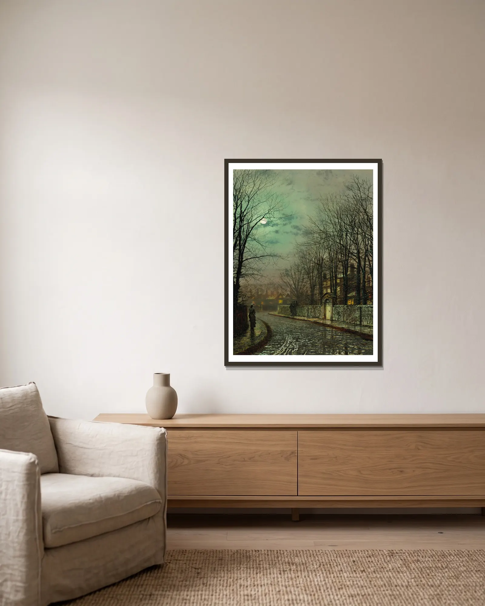The Tryst av John Atkinson Grimshaw inramad på en vägg