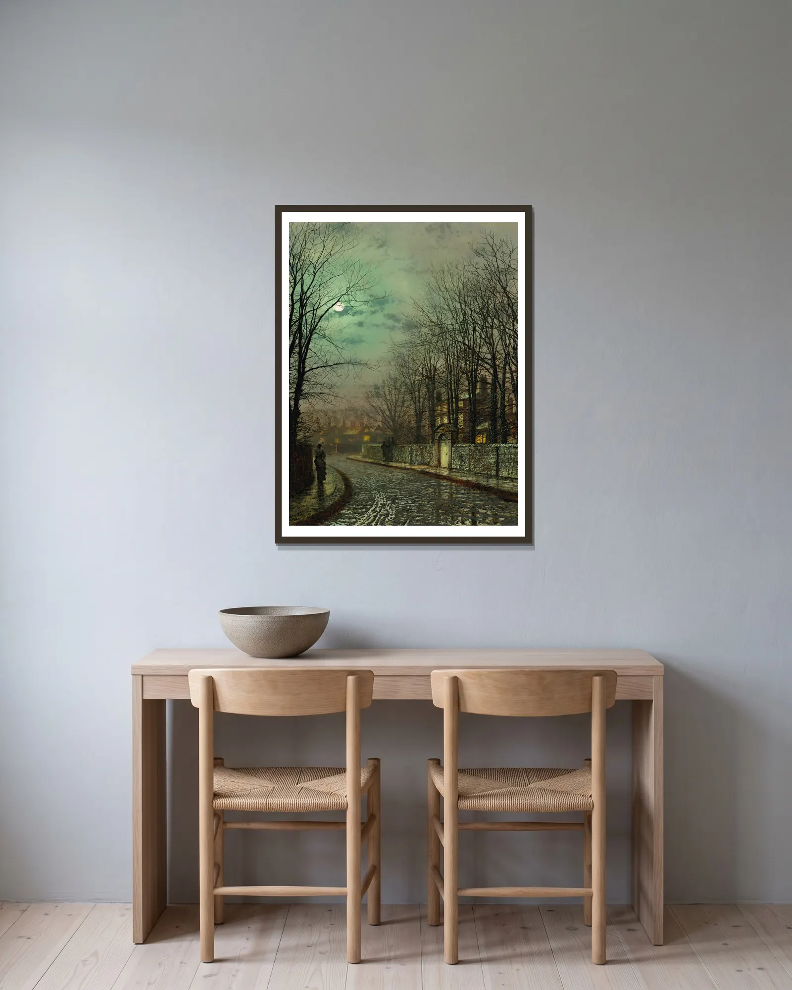 The Tryst av John Atkinson Grimshaw inramad på en vägg