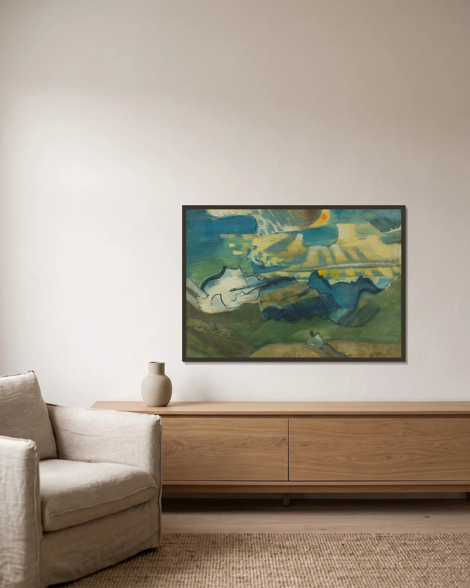 Landschaft mit liegendem Wanderer av August Babberger inramad på en vägg