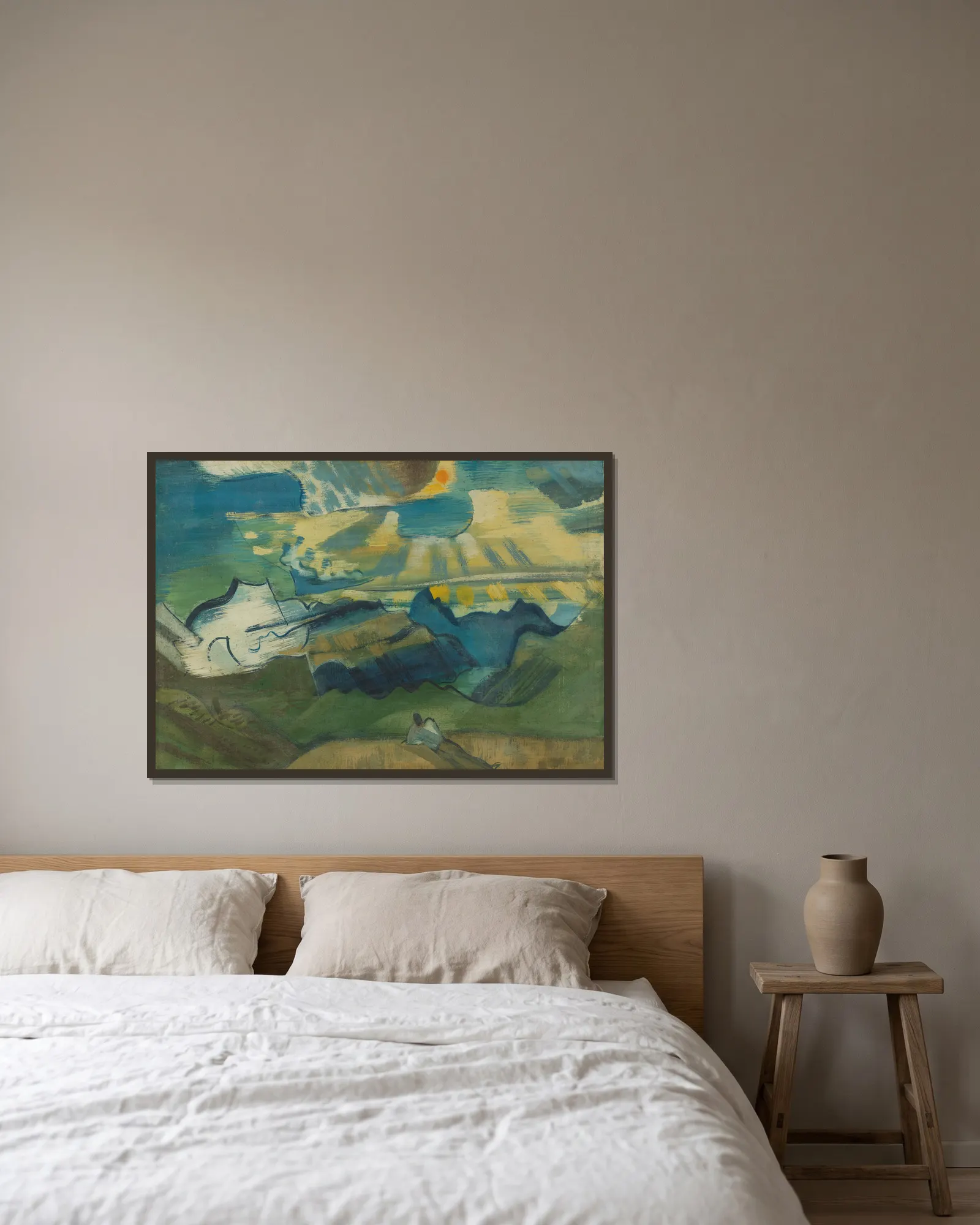 Landschaft mit liegendem Wanderer av August Babberger inramad på en vägg