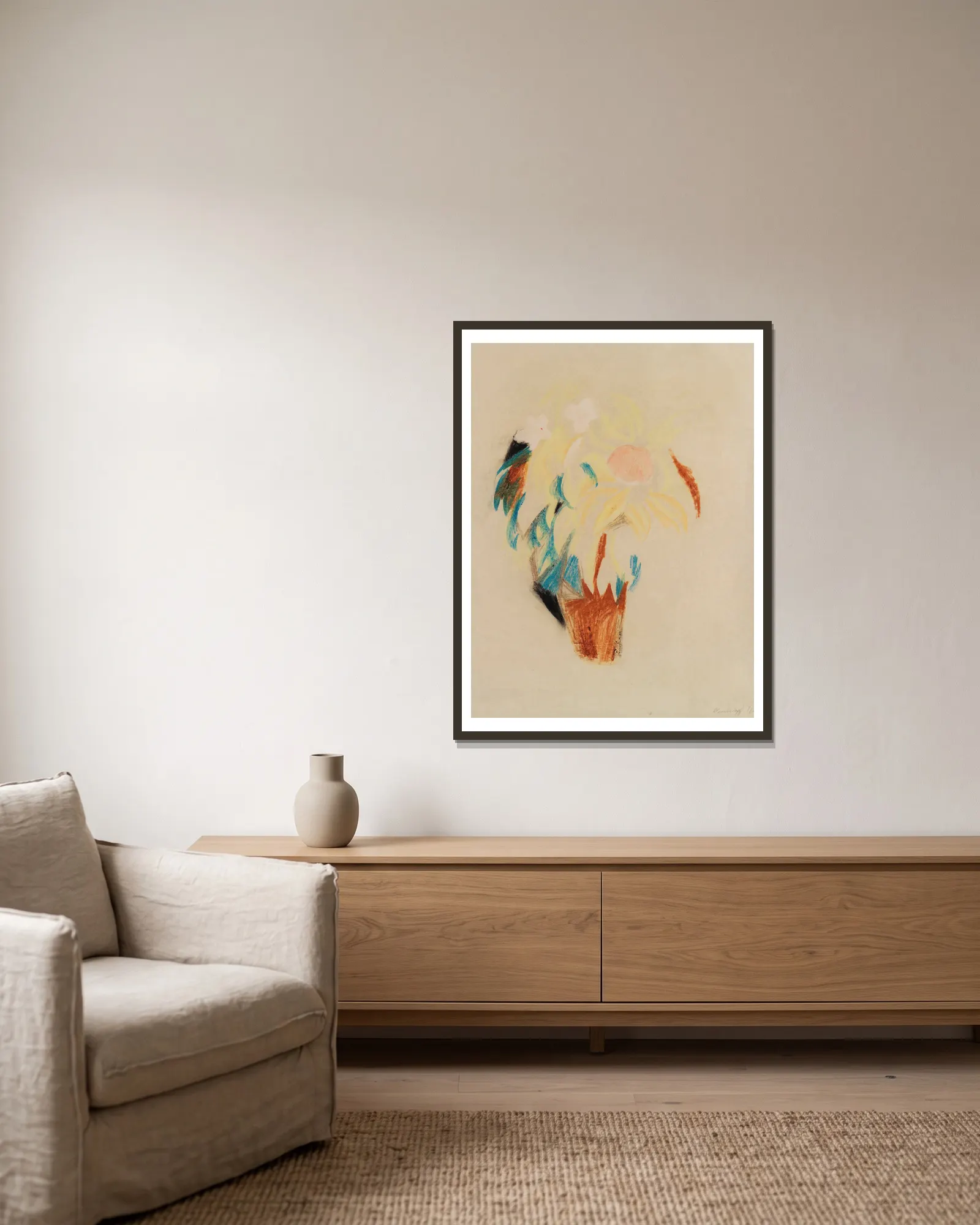 Blumentopf (groß) av August Macke inramad på en vägg