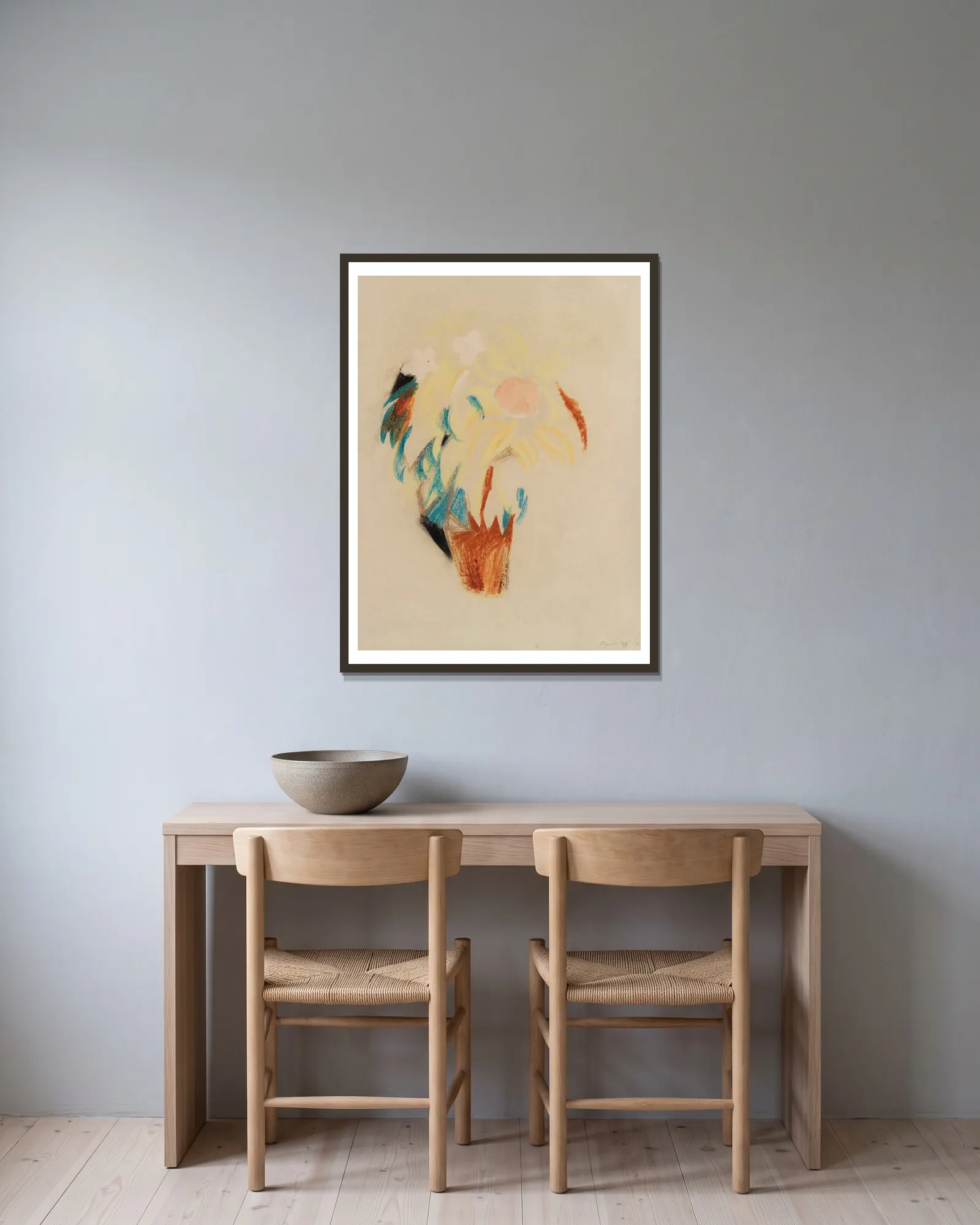 Blumentopf (groß) av August Macke inramad på en vägg