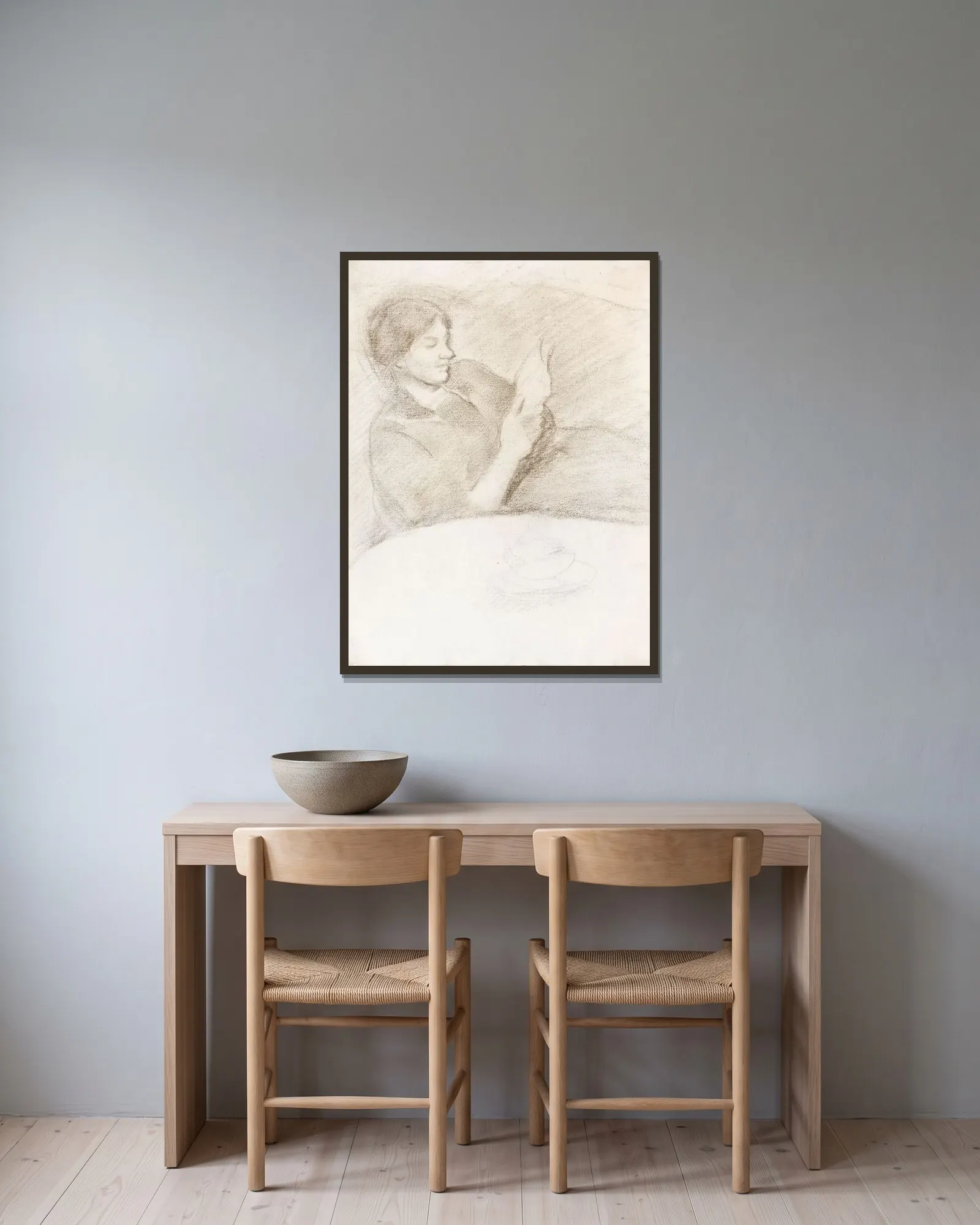 Elisabeth mit Tasse, lesend av August Macke inramad på en vägg
