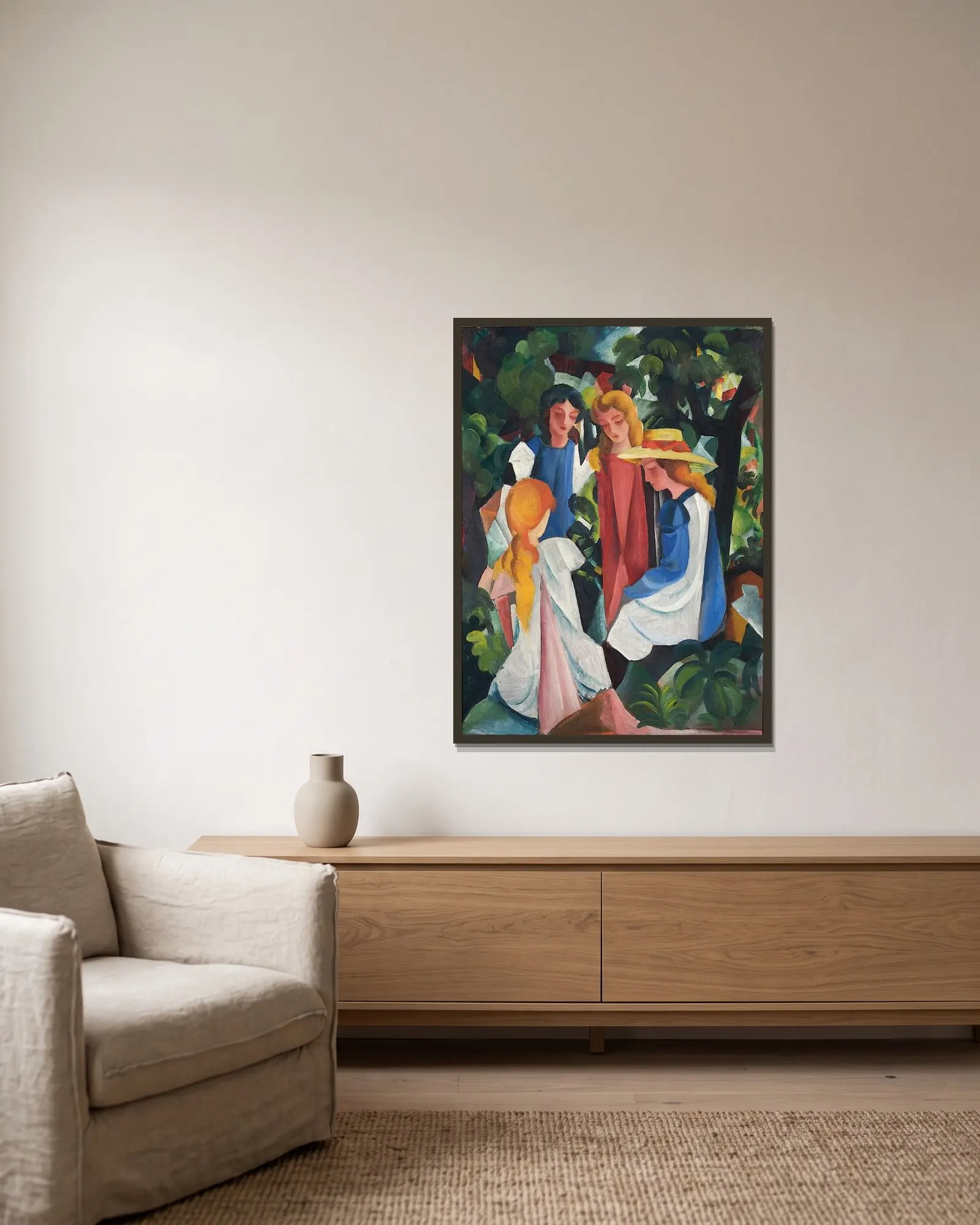 Four Girls av August Macke inramad på en vägg