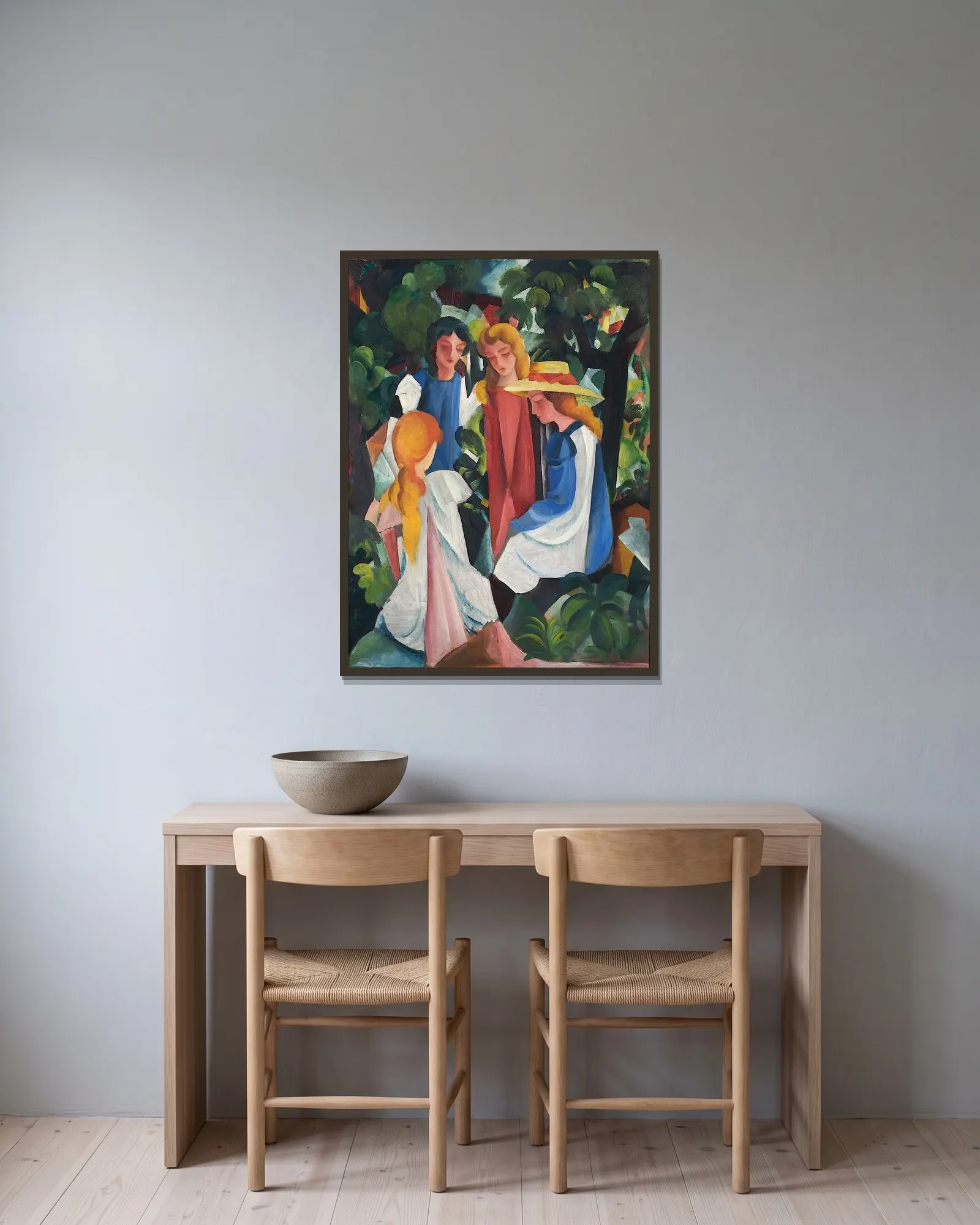 Four Girls av August Macke inramad på en vägg