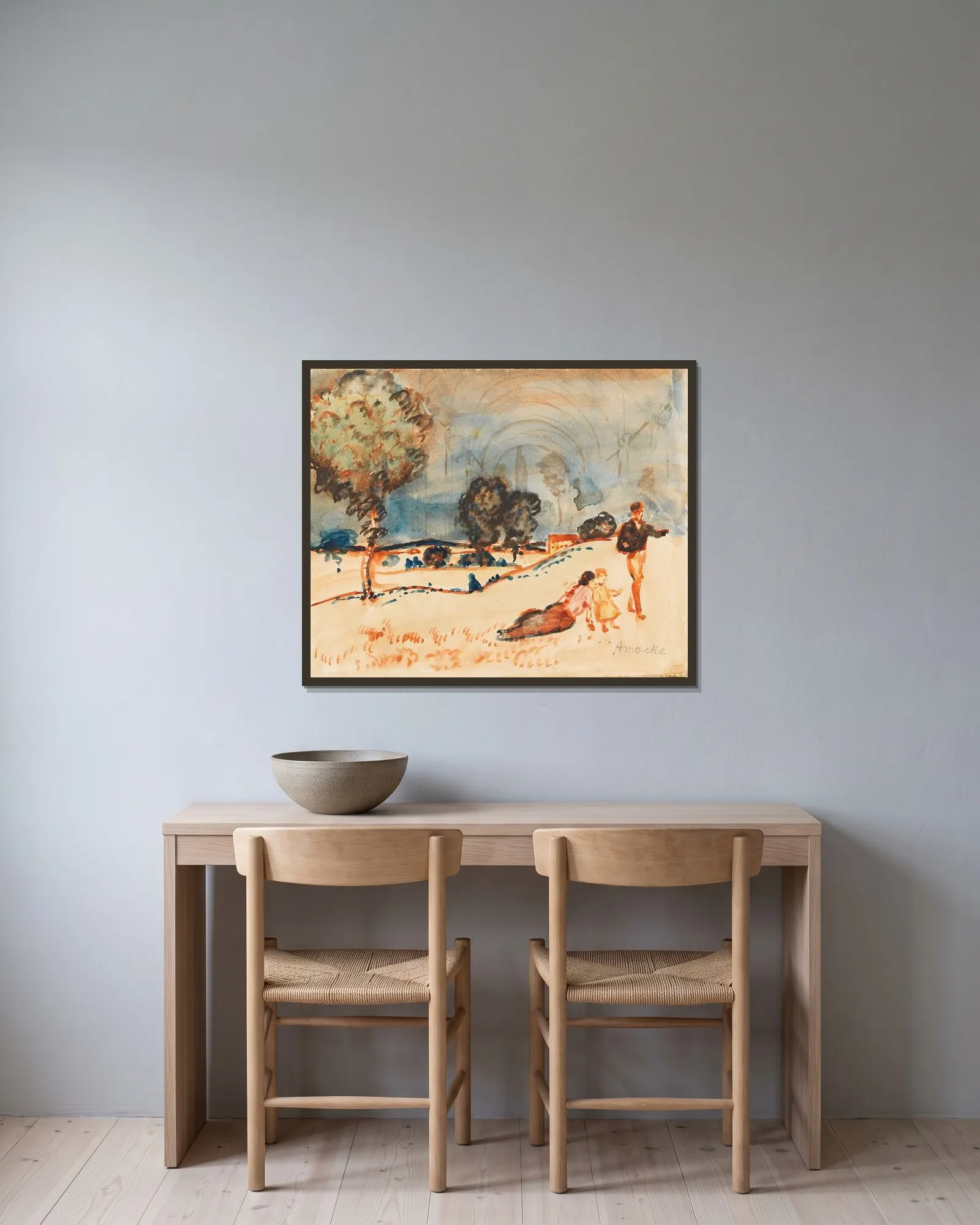 Landpartie av August Macke inramad på en vägg