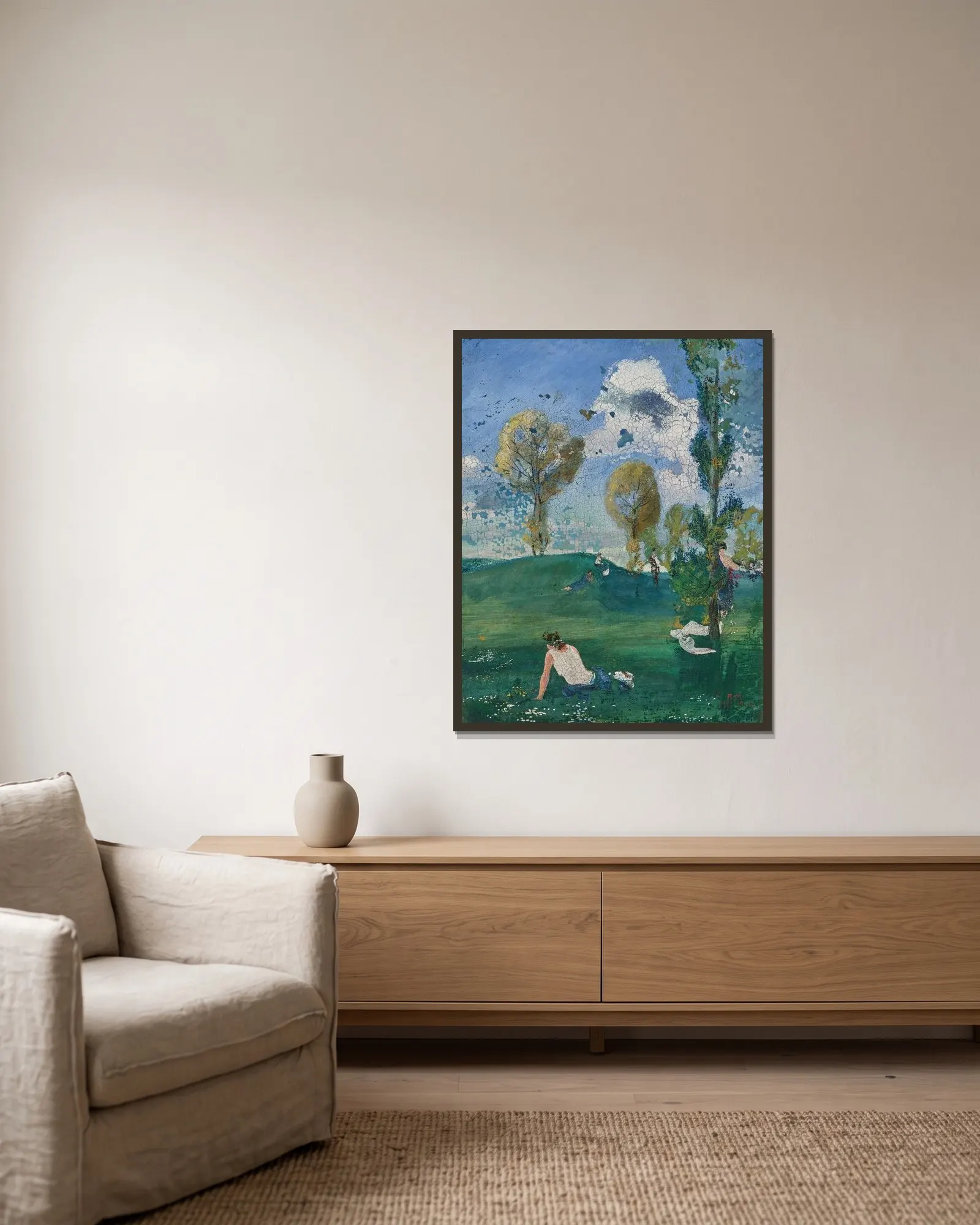 Landschaft mit antiken Figuren av August Macke inramad på en vägg