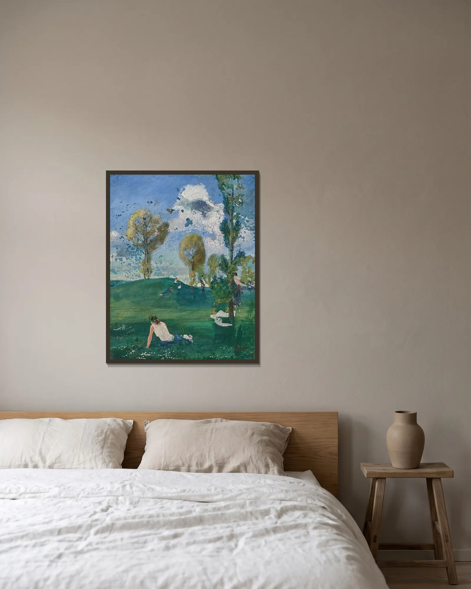 Landschaft mit antiken Figuren av August Macke inramad på en vägg