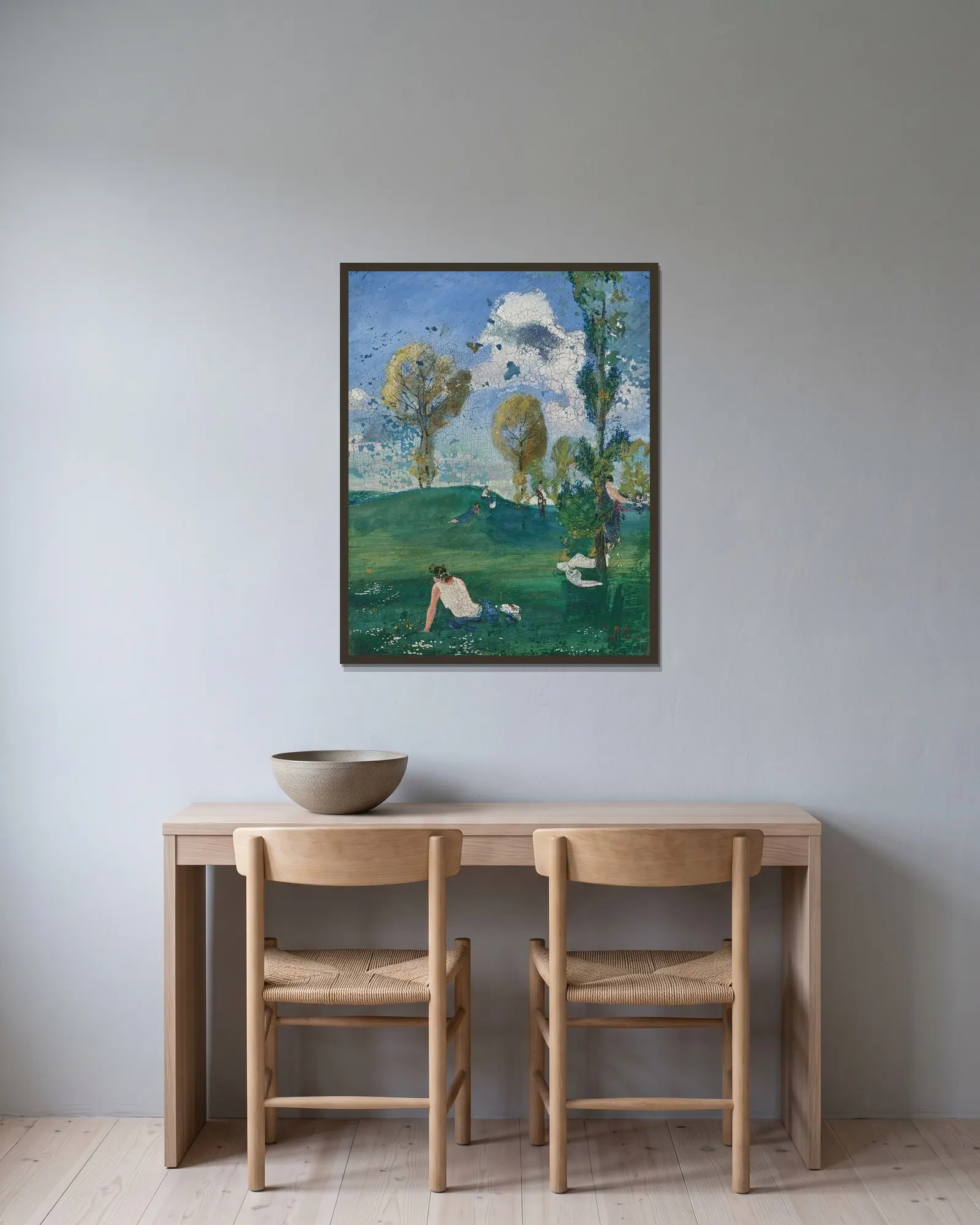 Landschaft mit antiken Figuren av August Macke inramad på en vägg