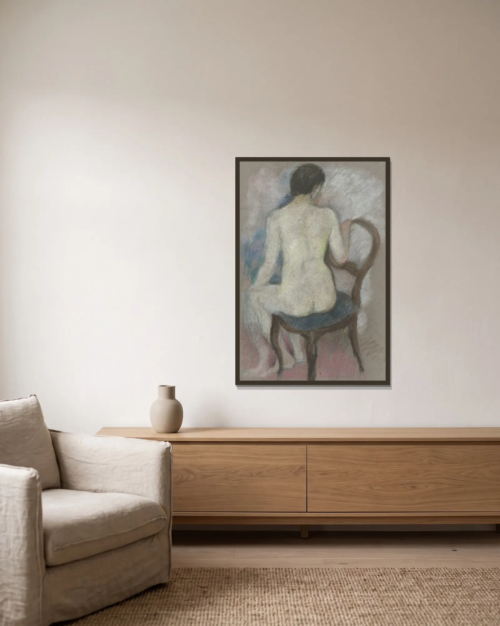Nude on chair av August Macke inramad på en vägg