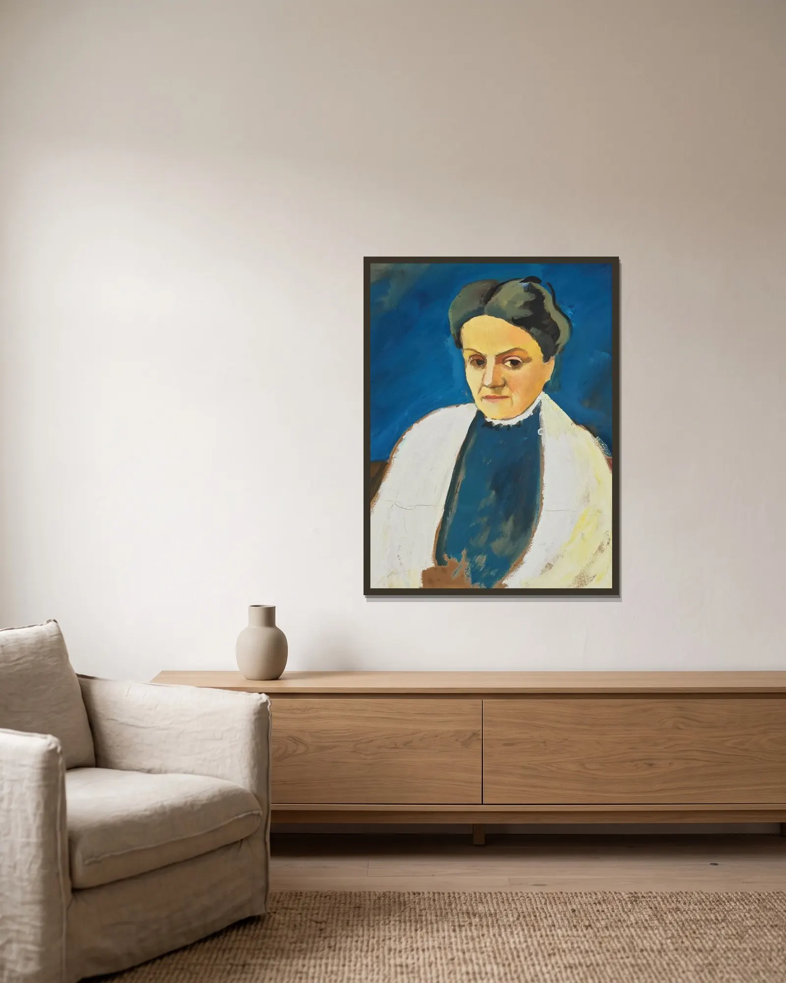 Porträtstudie Sofie Gerhardt av August Macke inramad på en vägg