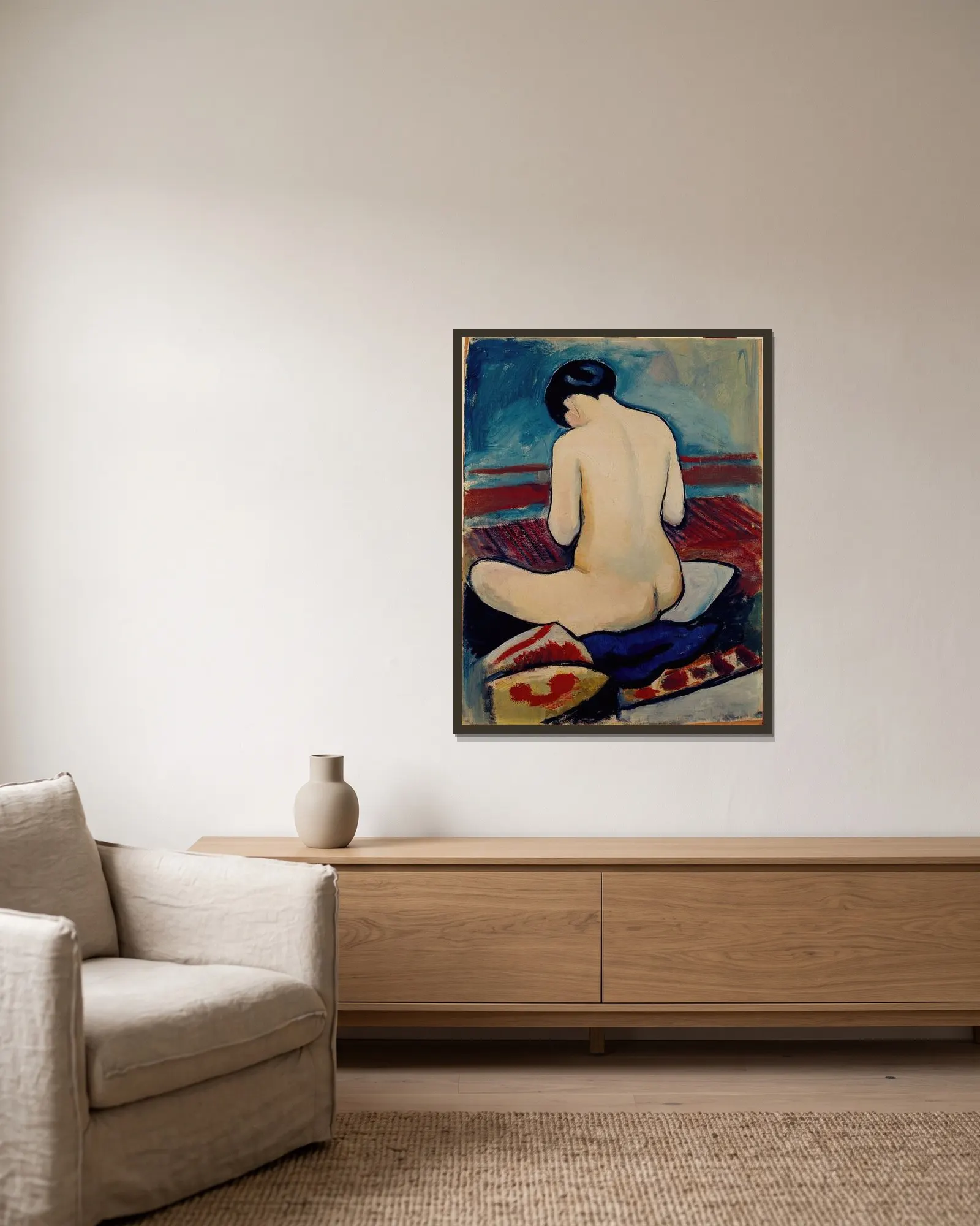 Sitting Nude with Pillow av August Macke inramad på en vägg