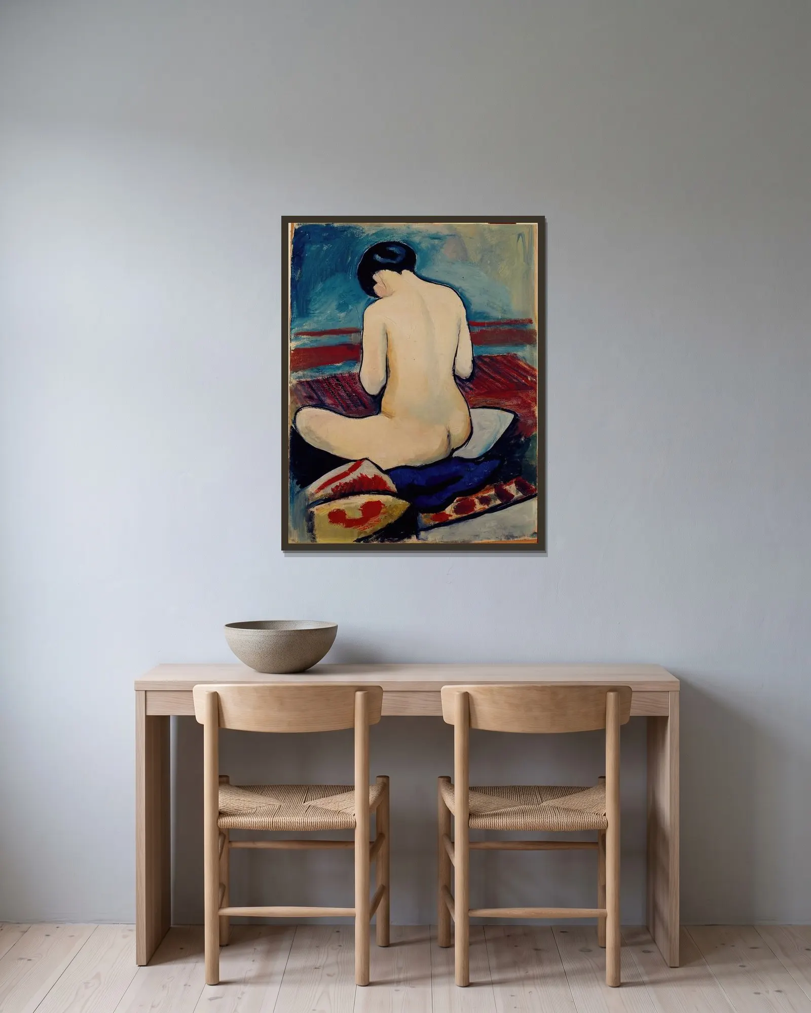 Sitting Nude with Pillow av August Macke inramad på en vägg