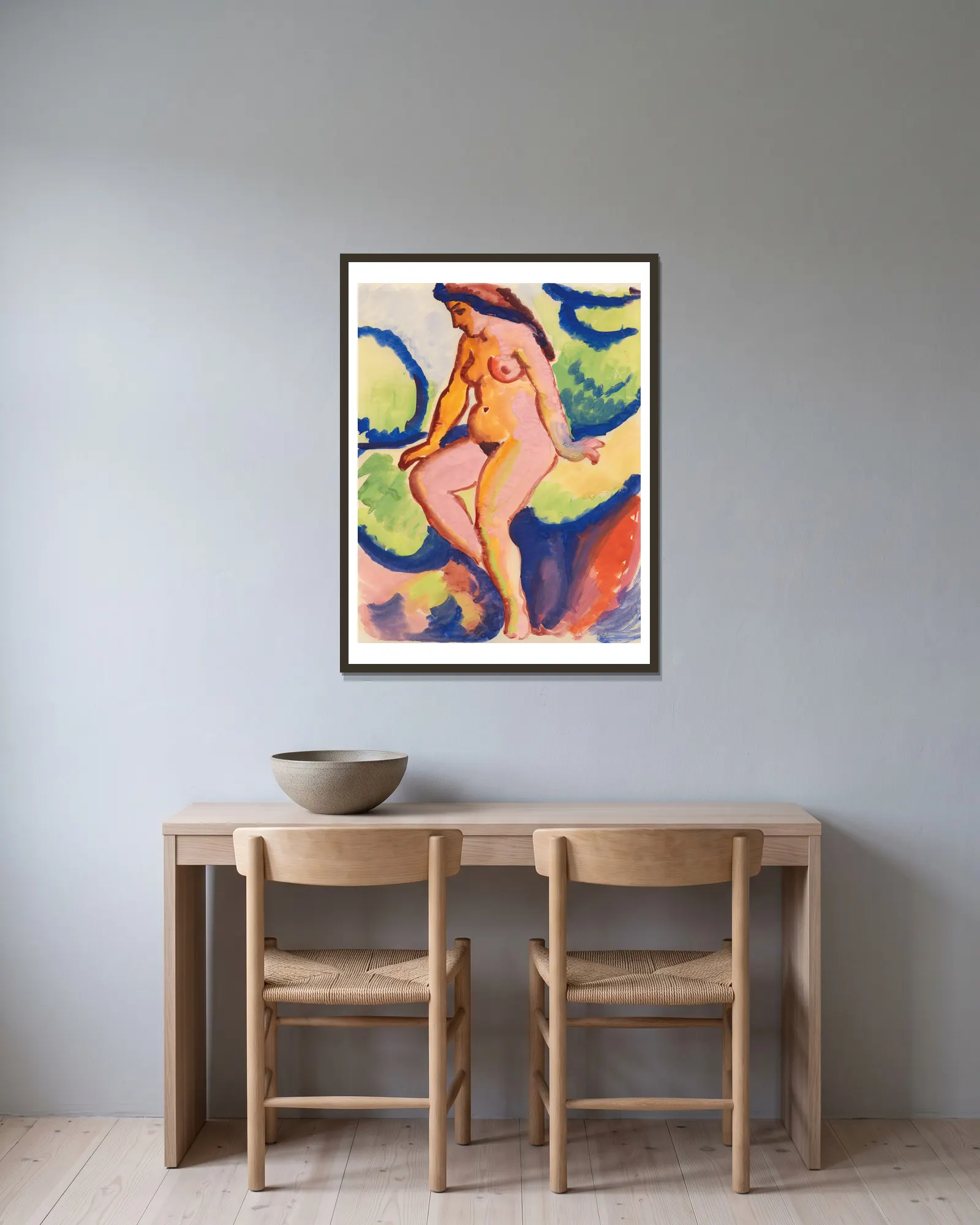 Sitzender Akt II av August Macke inramad på en vägg