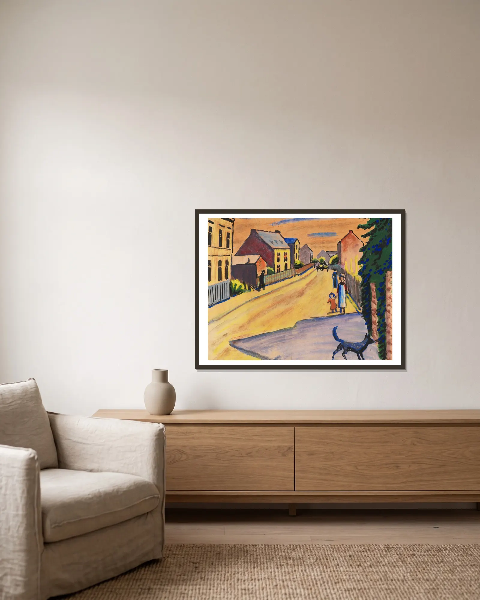 Sonnige Straße mit Hund av August Macke inramad på en vägg