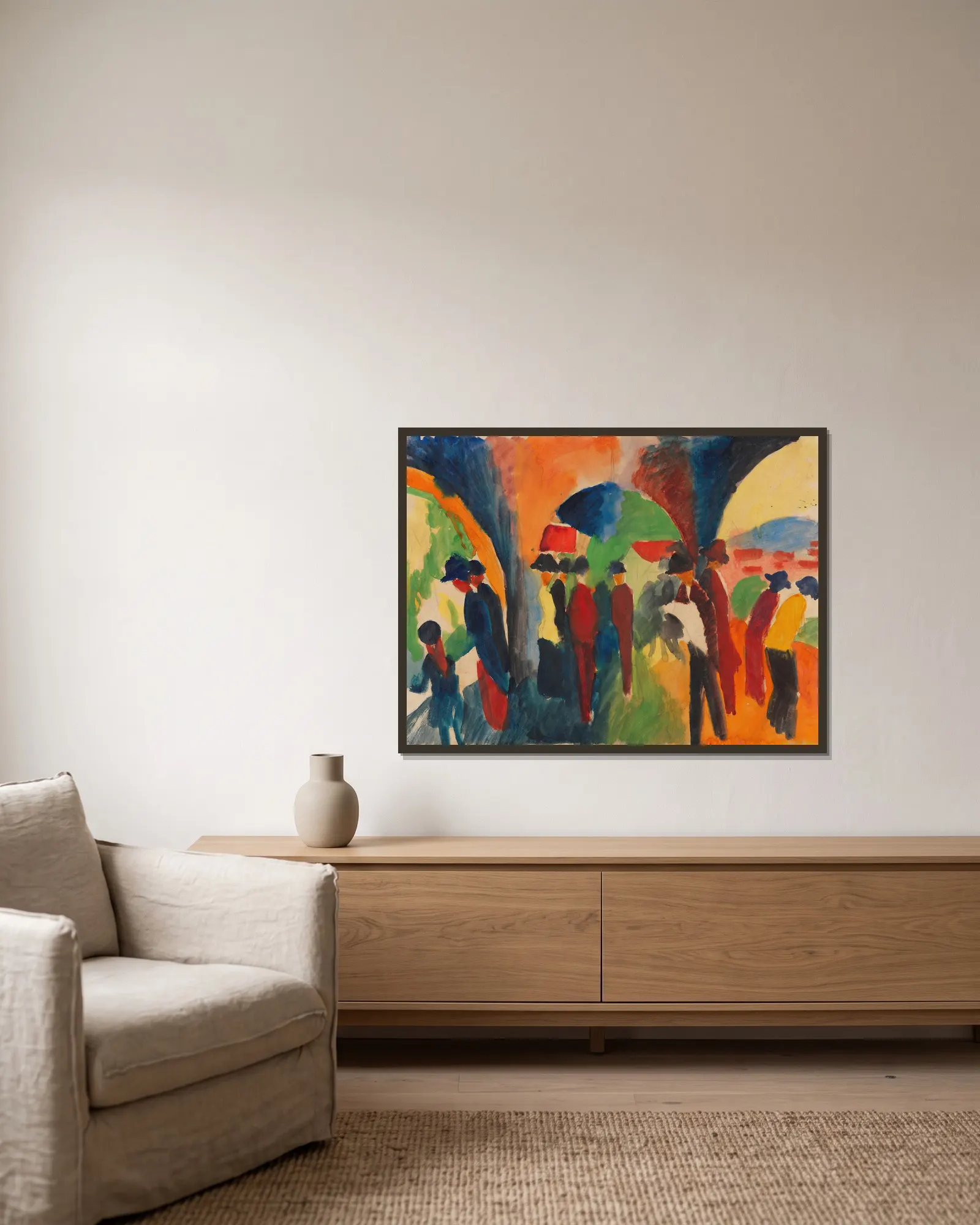 Unter den Lauben von Thun (Ein Spaziergängermotiv) av August Macke inramad på en vägg