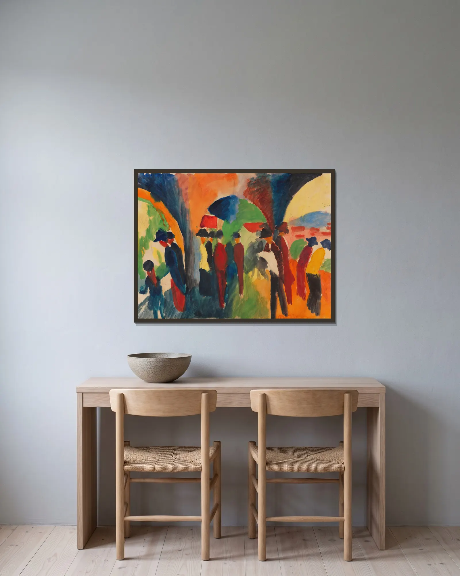 Unter den Lauben von Thun (Ein Spaziergängermotiv) av August Macke inramad på en vägg