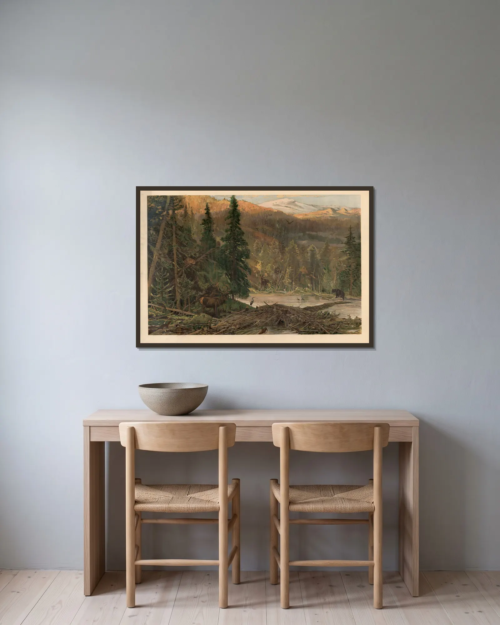 North American coniferous forest av August Specht inramad på en vägg