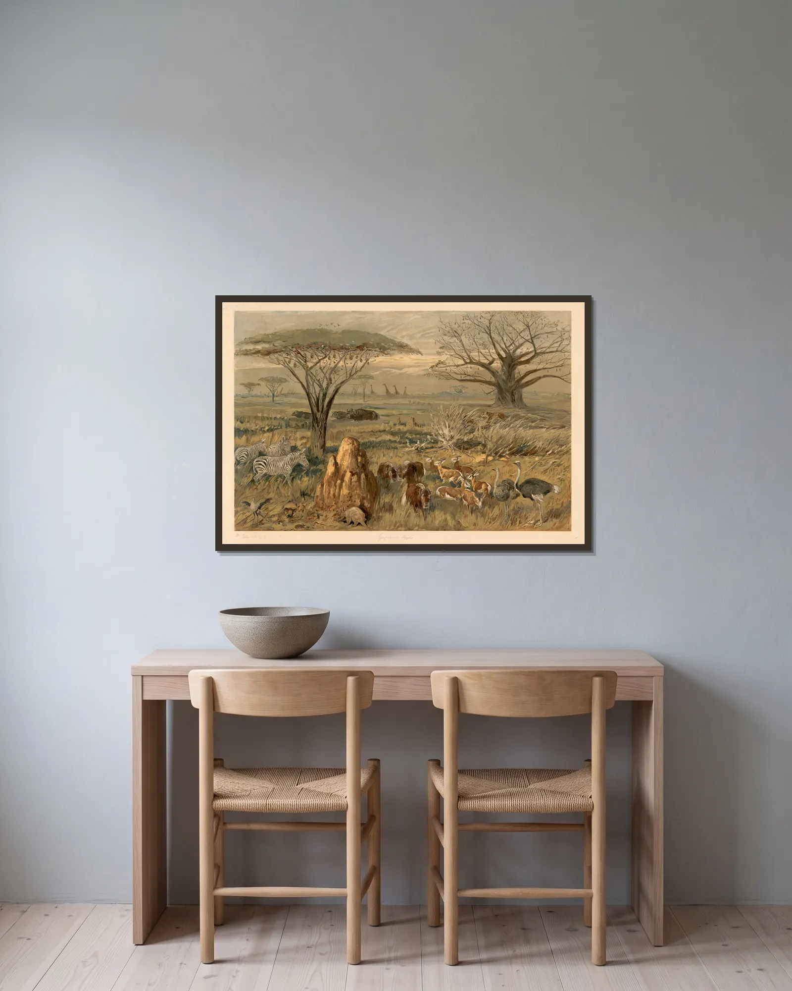South African steppe av August Specht inramad på en vägg