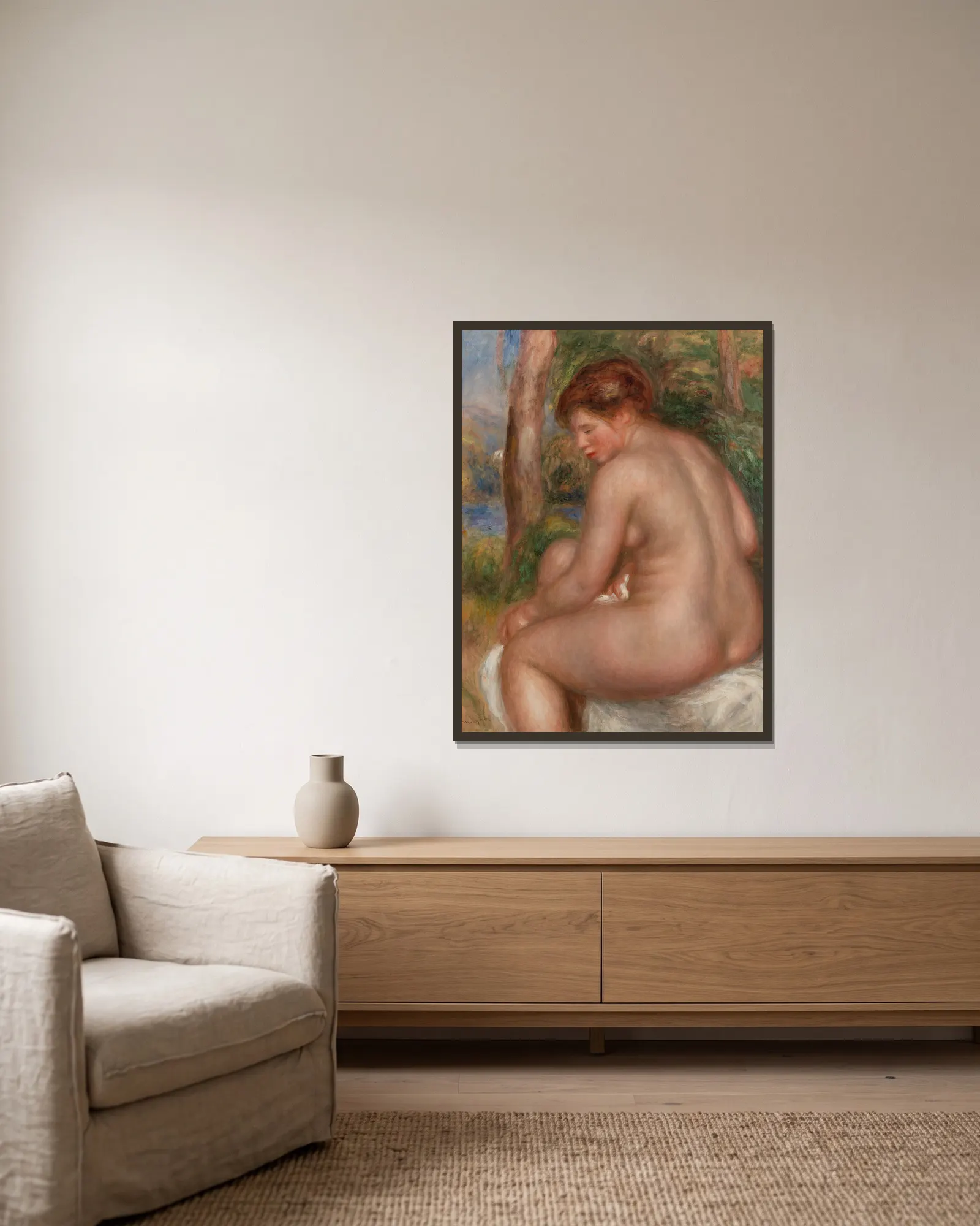 Bather in Three-Quarter View (Baigneuse vue de trois quarts) av Pierre-Auguste Renoir inramad på en vägg