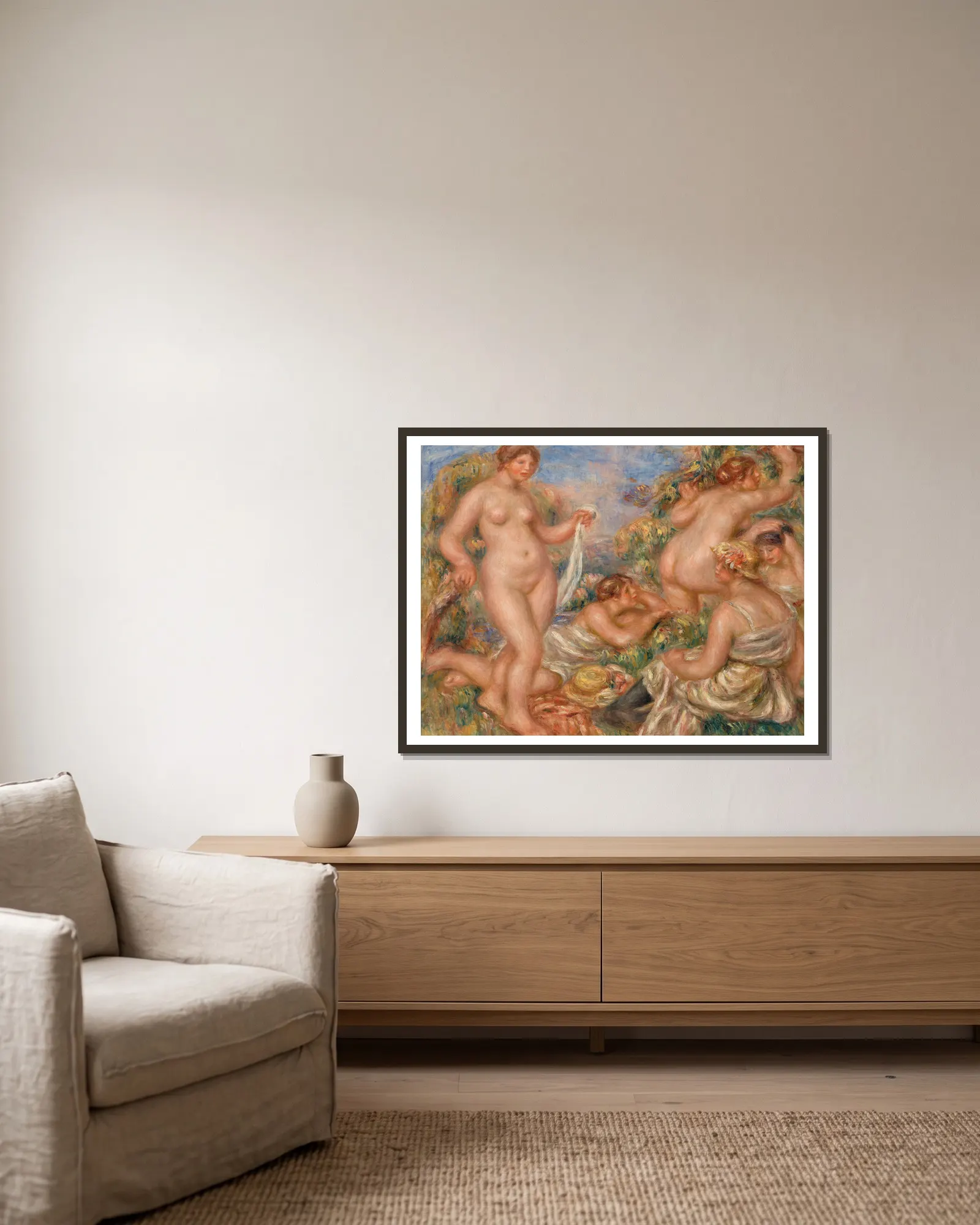 Composition, Five Bathers (Composition, cinq baigneuses) av Pierre-Auguste Renoir inramad på en vägg
