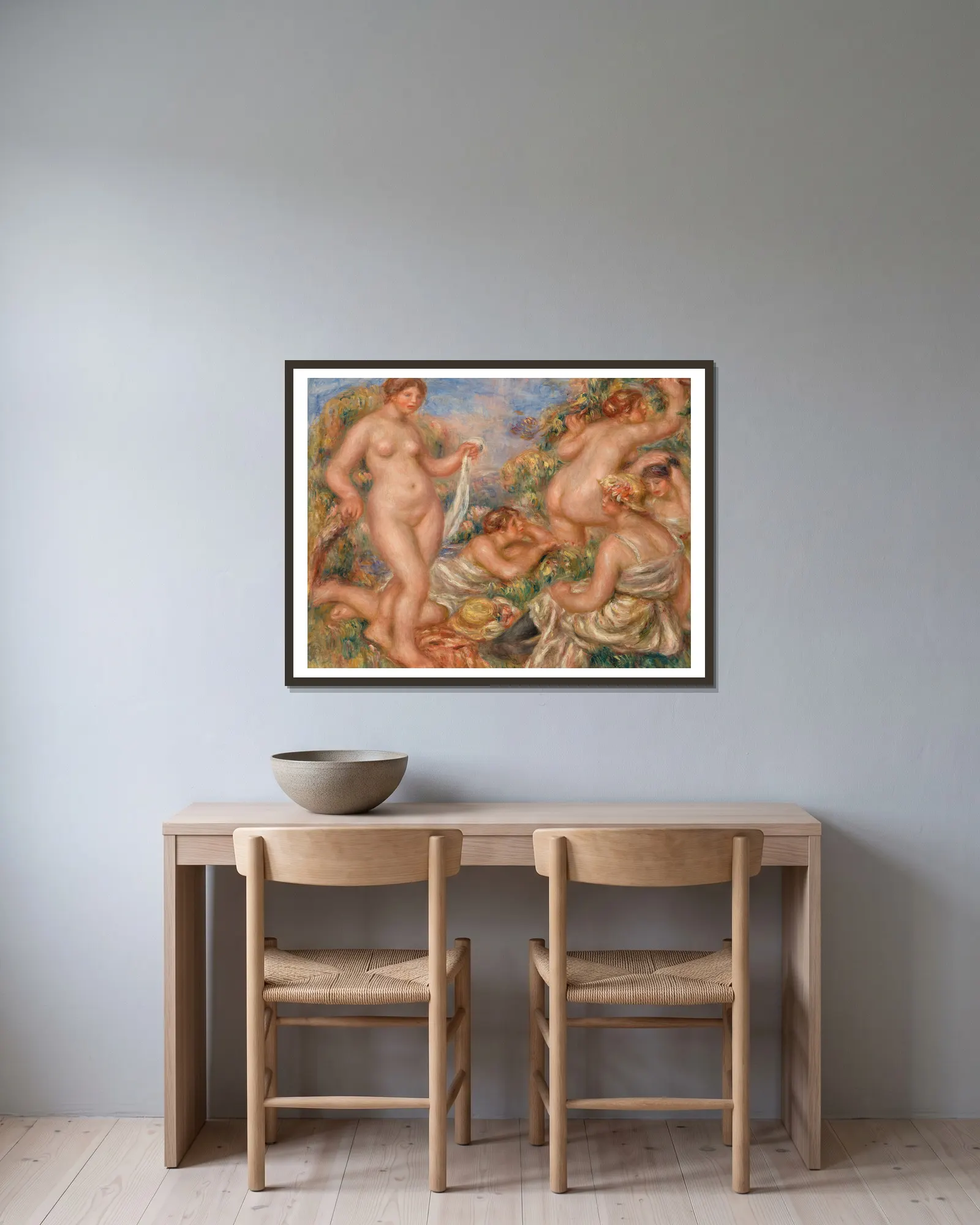 Composition, Five Bathers (Composition, cinq baigneuses) av Pierre-Auguste Renoir inramad på en vägg