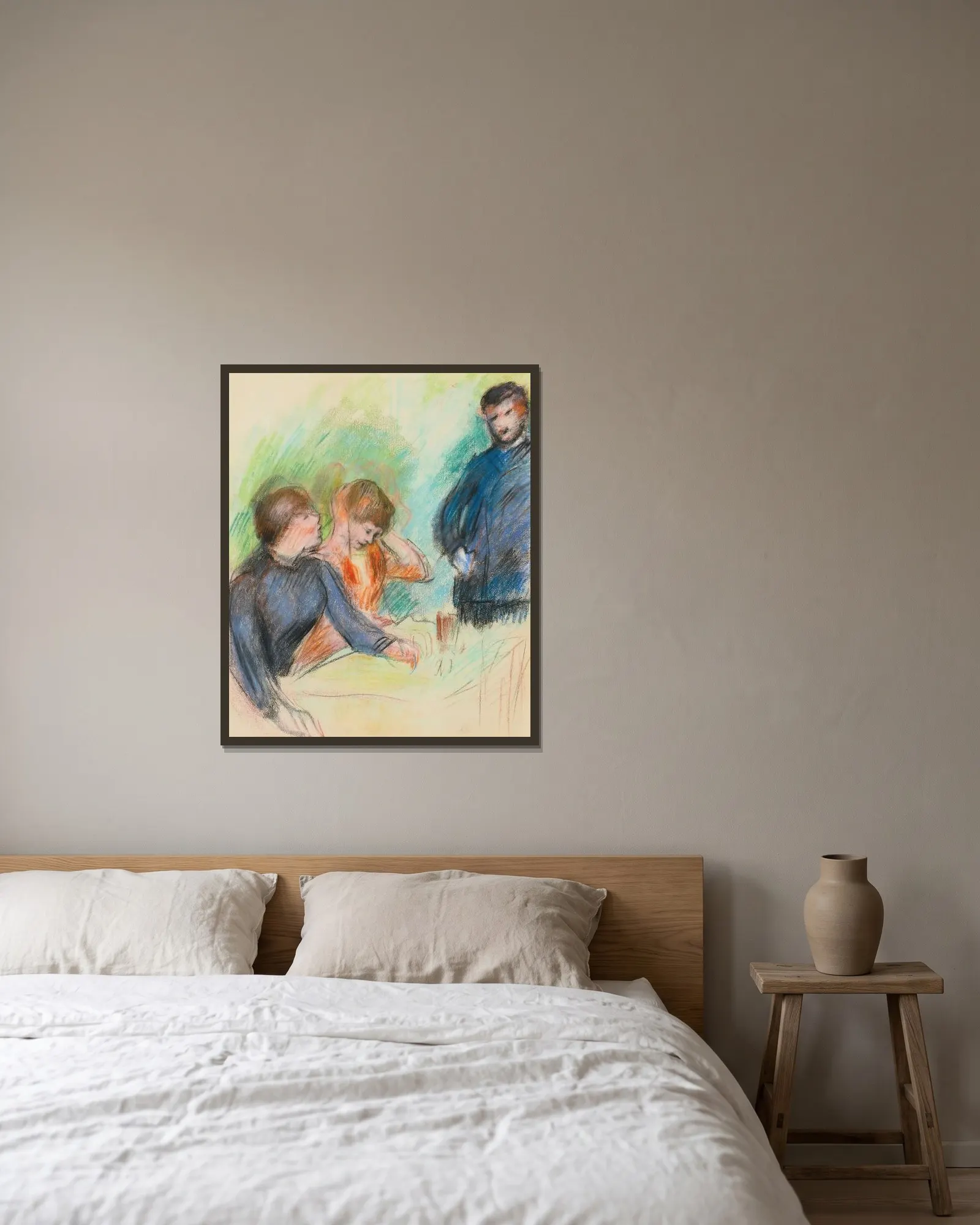 La Conversation av Pierre-Auguste Renoir inramad på en vägg