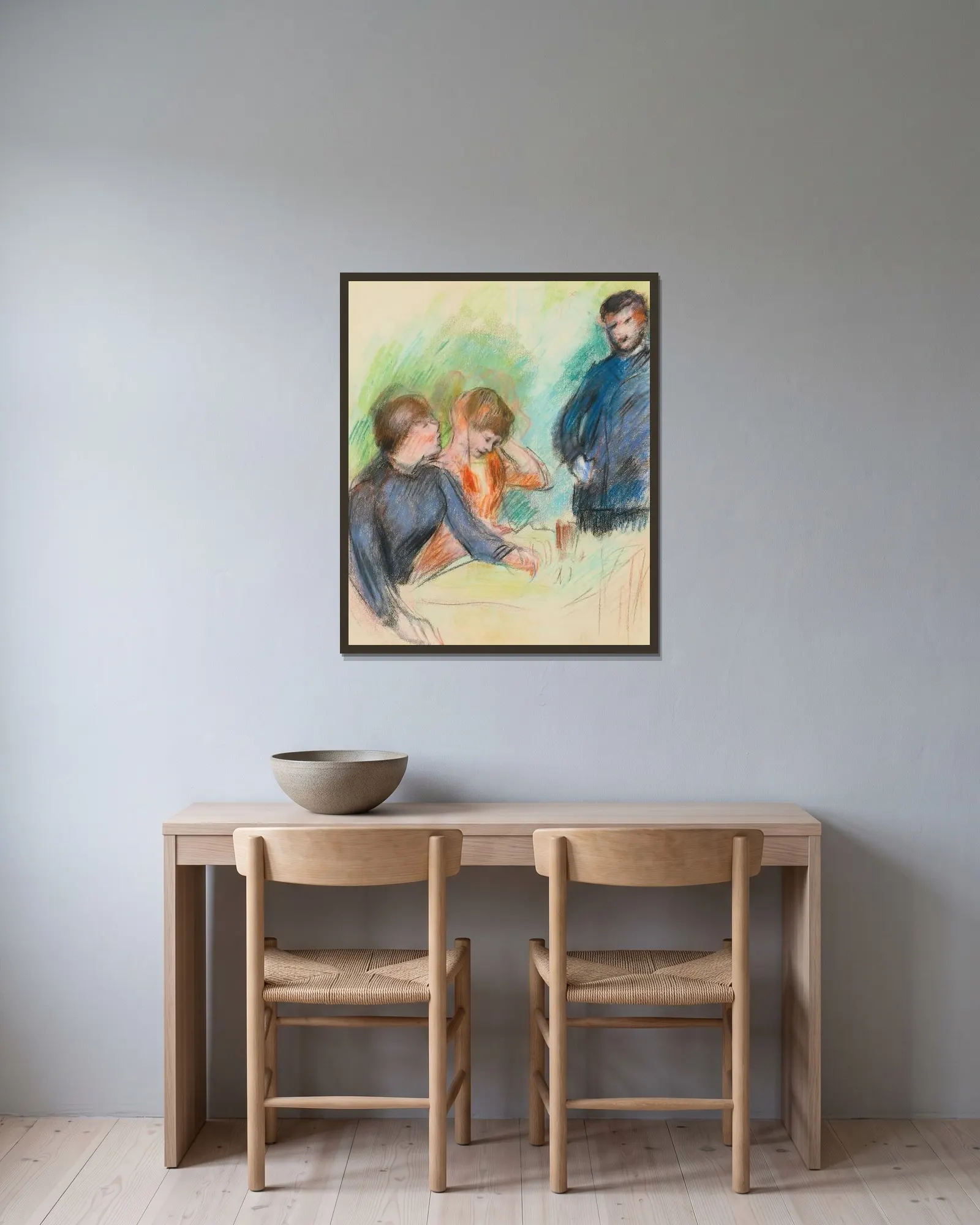 La Conversation av Pierre-Auguste Renoir inramad på en vägg