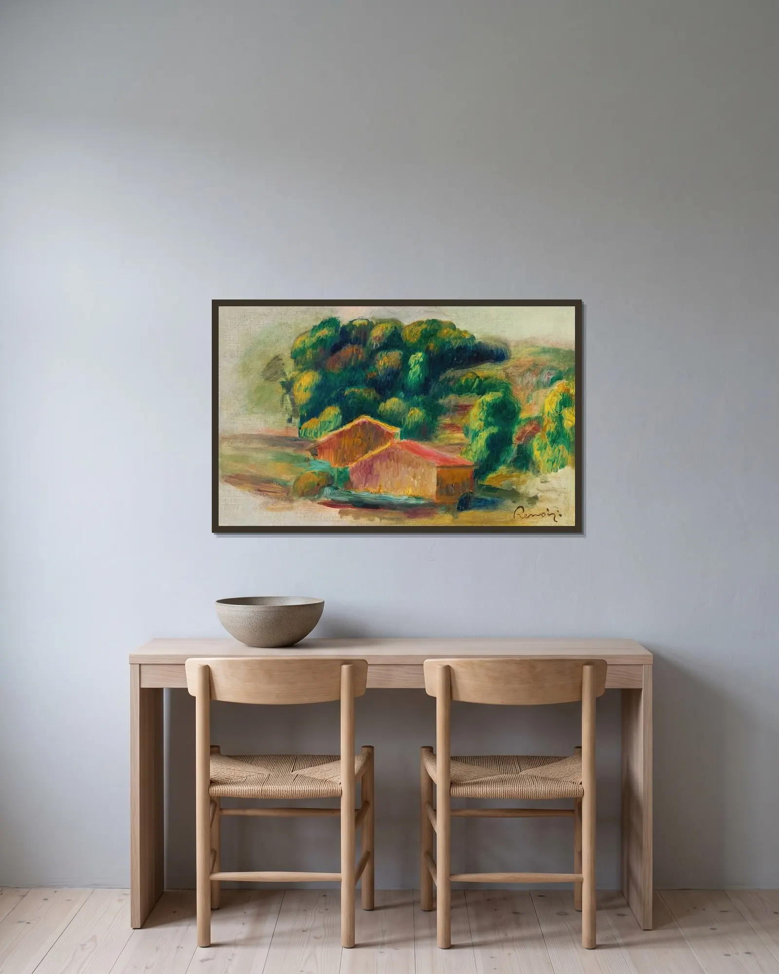 Paysage, Maisons av Pierre-Auguste Renoir inramad på en vägg