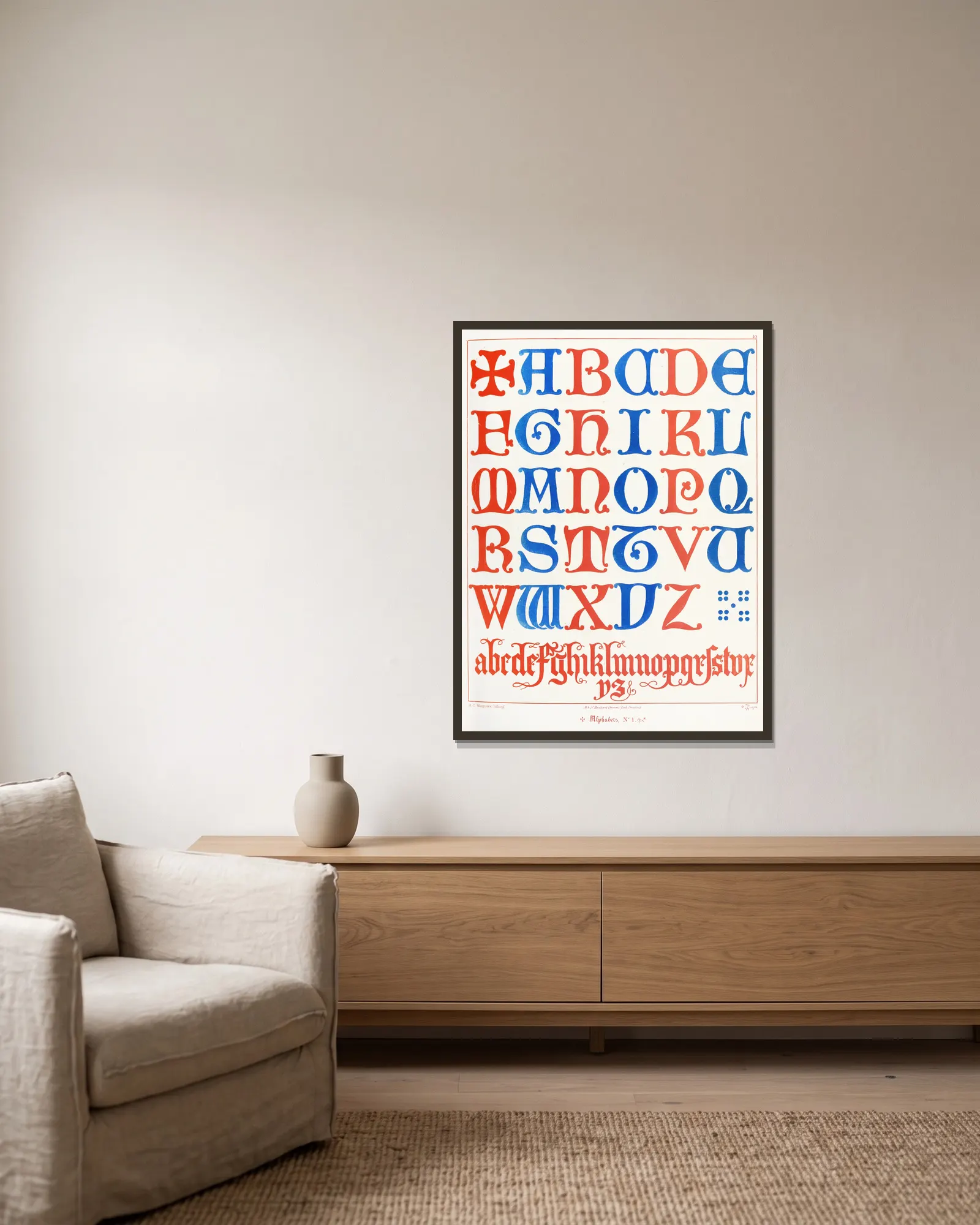 Alphabets av Augustus Pugin inramad på en vägg