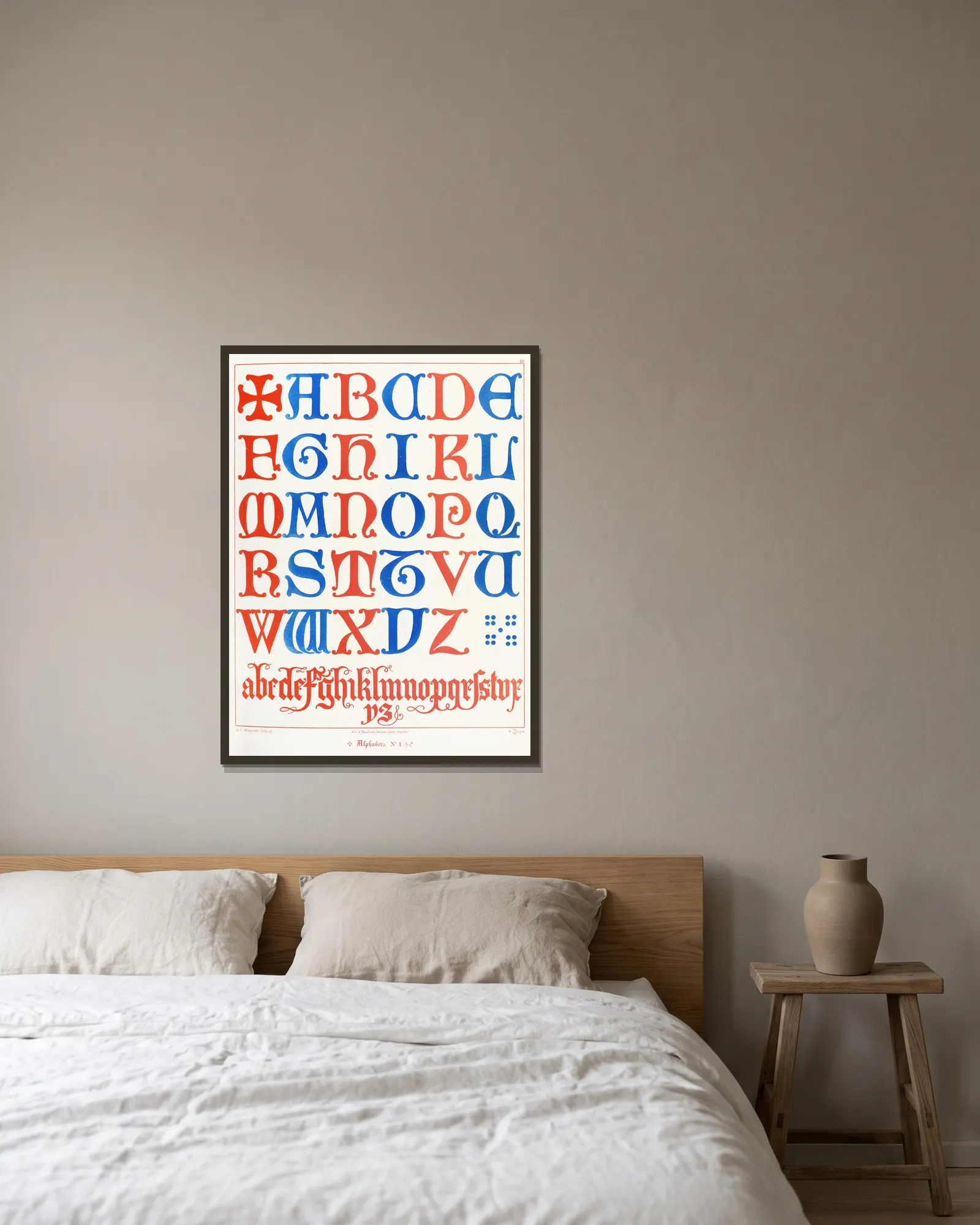 Alphabets av Augustus Pugin inramad på en vägg