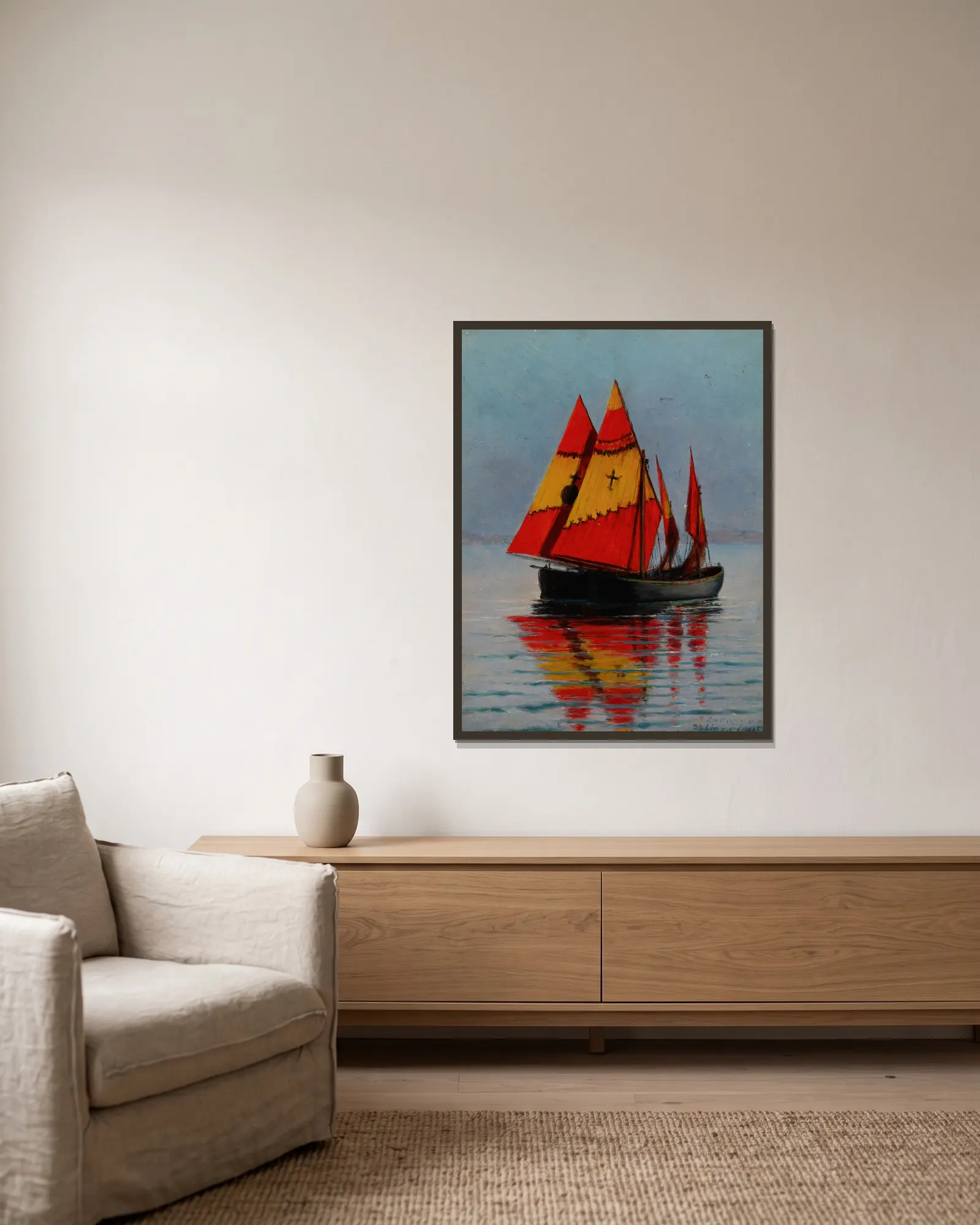Boats on the Sea av Stanisław Witkiewicz inramad på en vägg