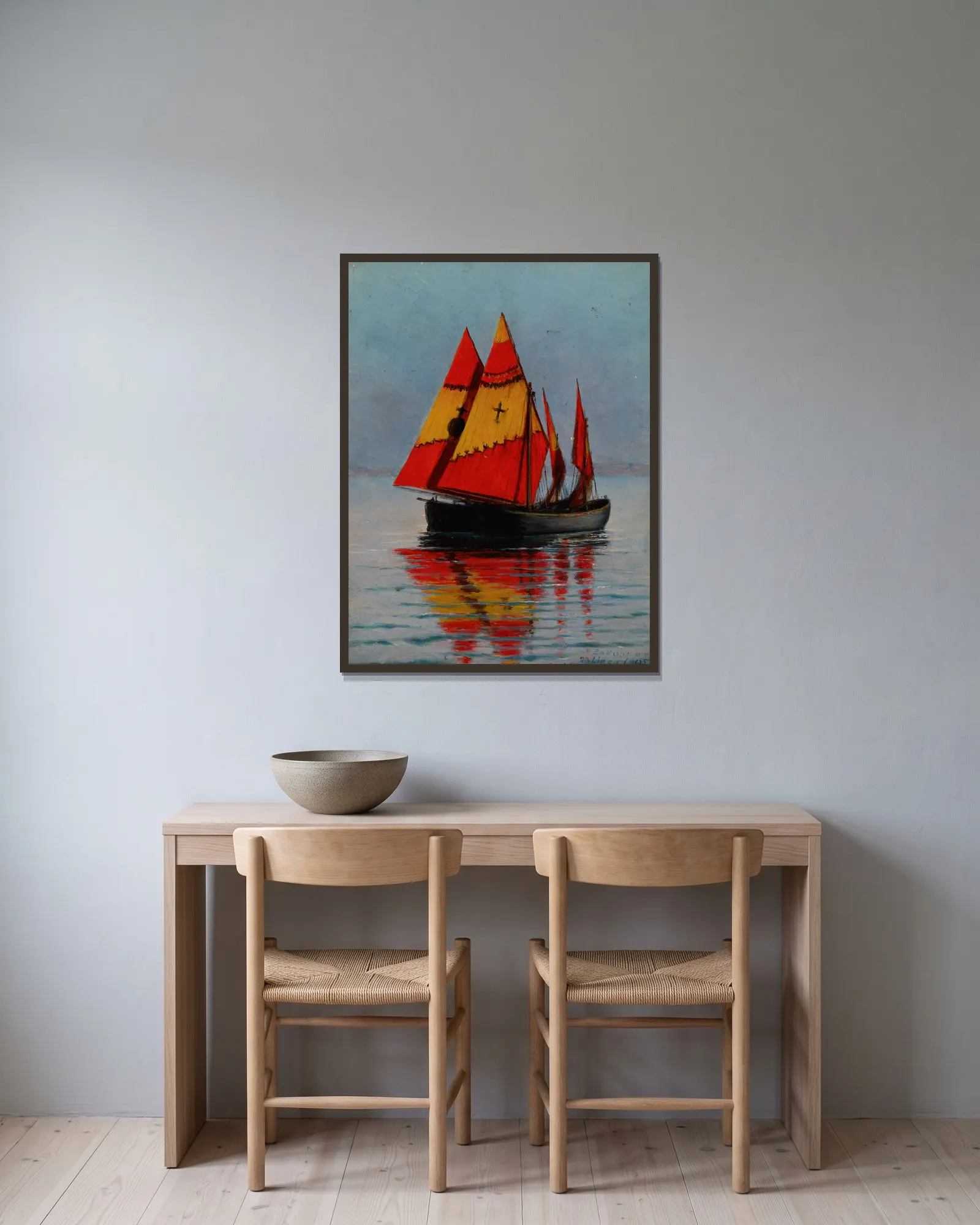 Boats on the Sea av Stanisław Witkiewicz inramad på en vägg