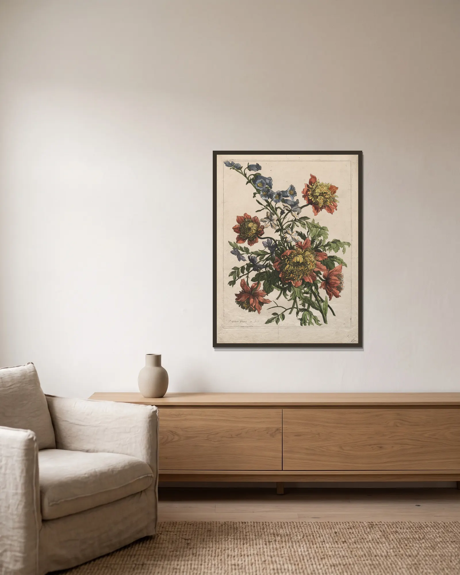 Bouquet av Jean-Baptiste Monnoyer inramad på en vägg