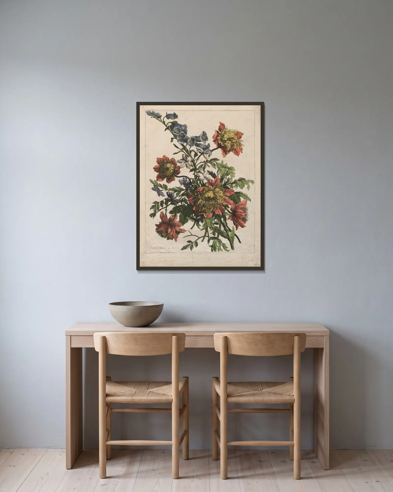 Bouquet av Jean-Baptiste Monnoyer inramad på en vägg